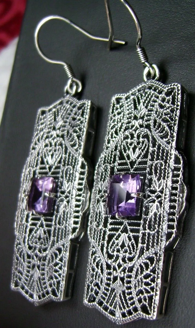 Natural Amethyst Earrings, Sterling Silver Art Deco 1920's Jewelry #E26