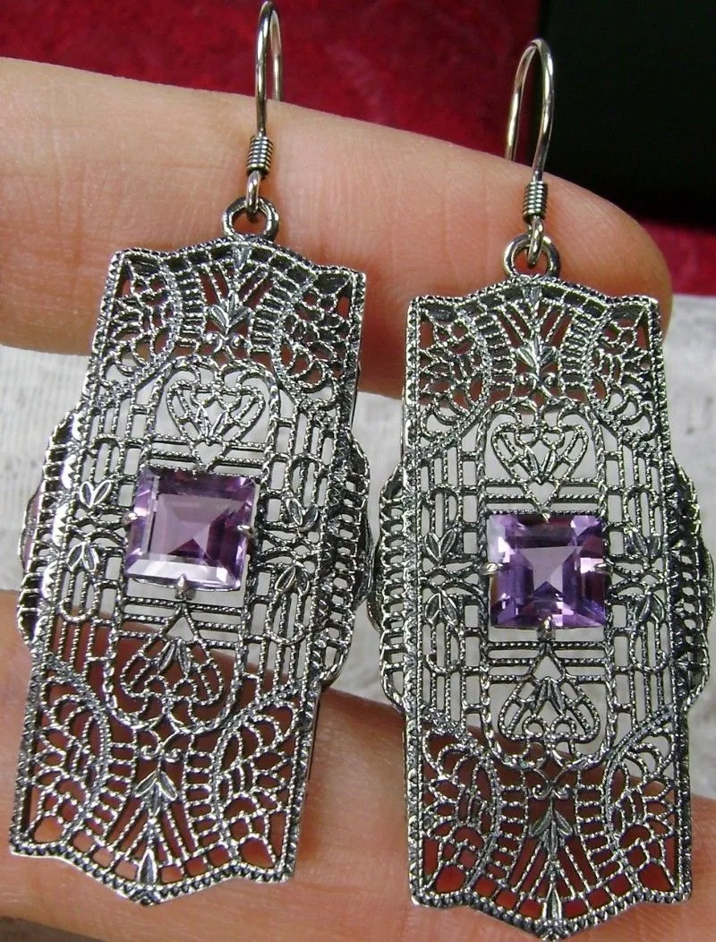 Natural Amethyst Earrings, Sterling Silver Art Deco 1920's Jewelry #E26
