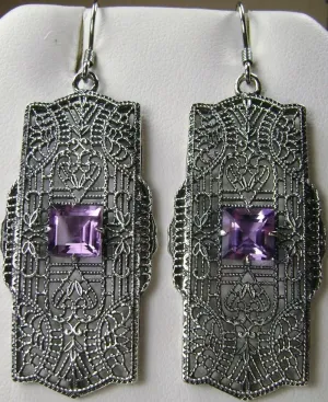 Natural Amethyst Earrings, Sterling Silver Art Deco 1920's Jewelry #E26