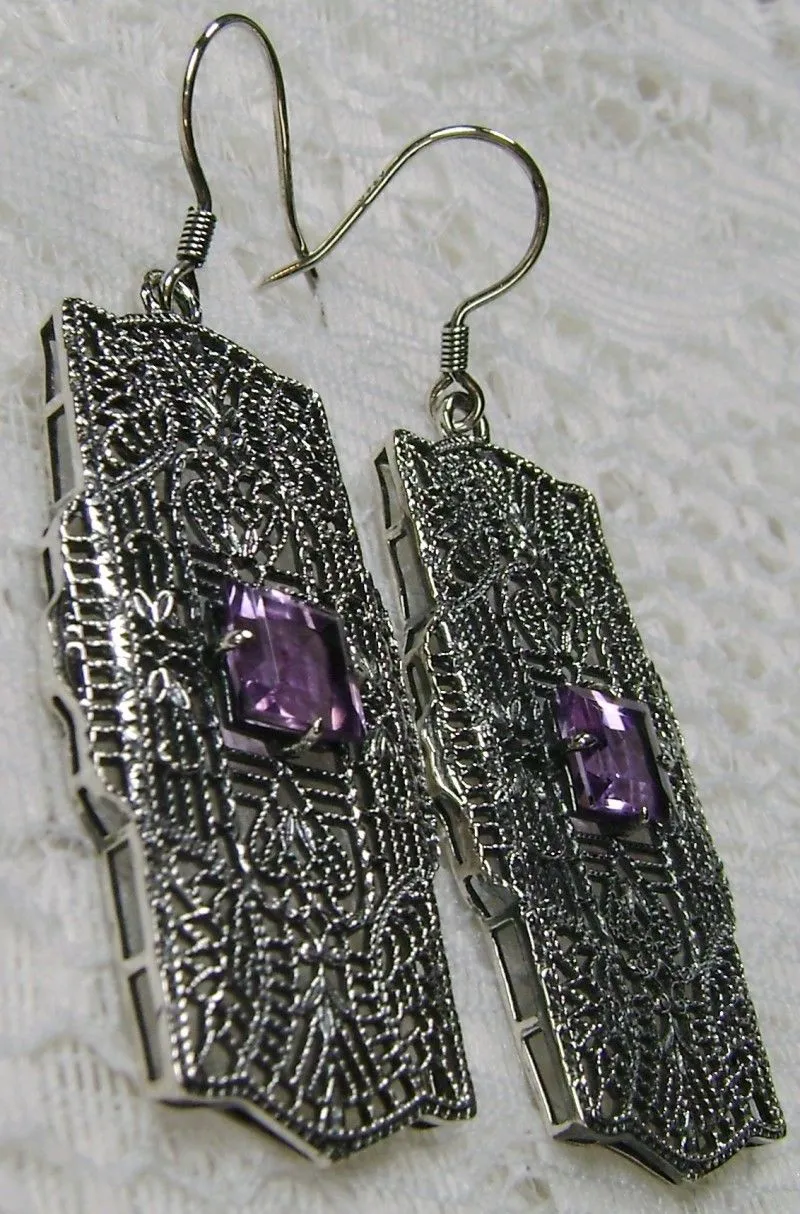 Natural Amethyst Earrings, Sterling Silver Art Deco 1920's Jewelry #E26