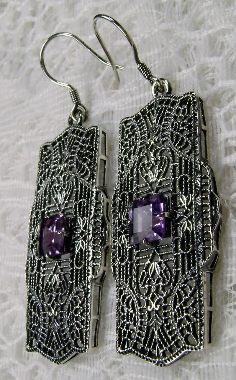 Natural Amethyst Earrings, Sterling Silver Art Deco 1920's Jewelry #E26