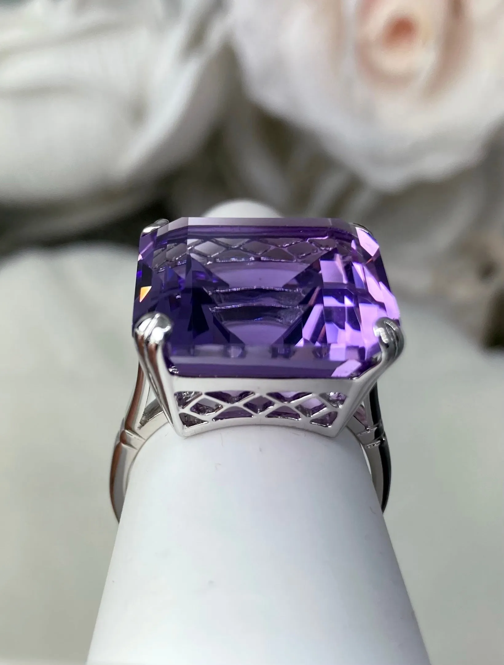 Natural Amethyst Ring, 20ct Big Huge Square Gem, Vintage Jewelry #D1