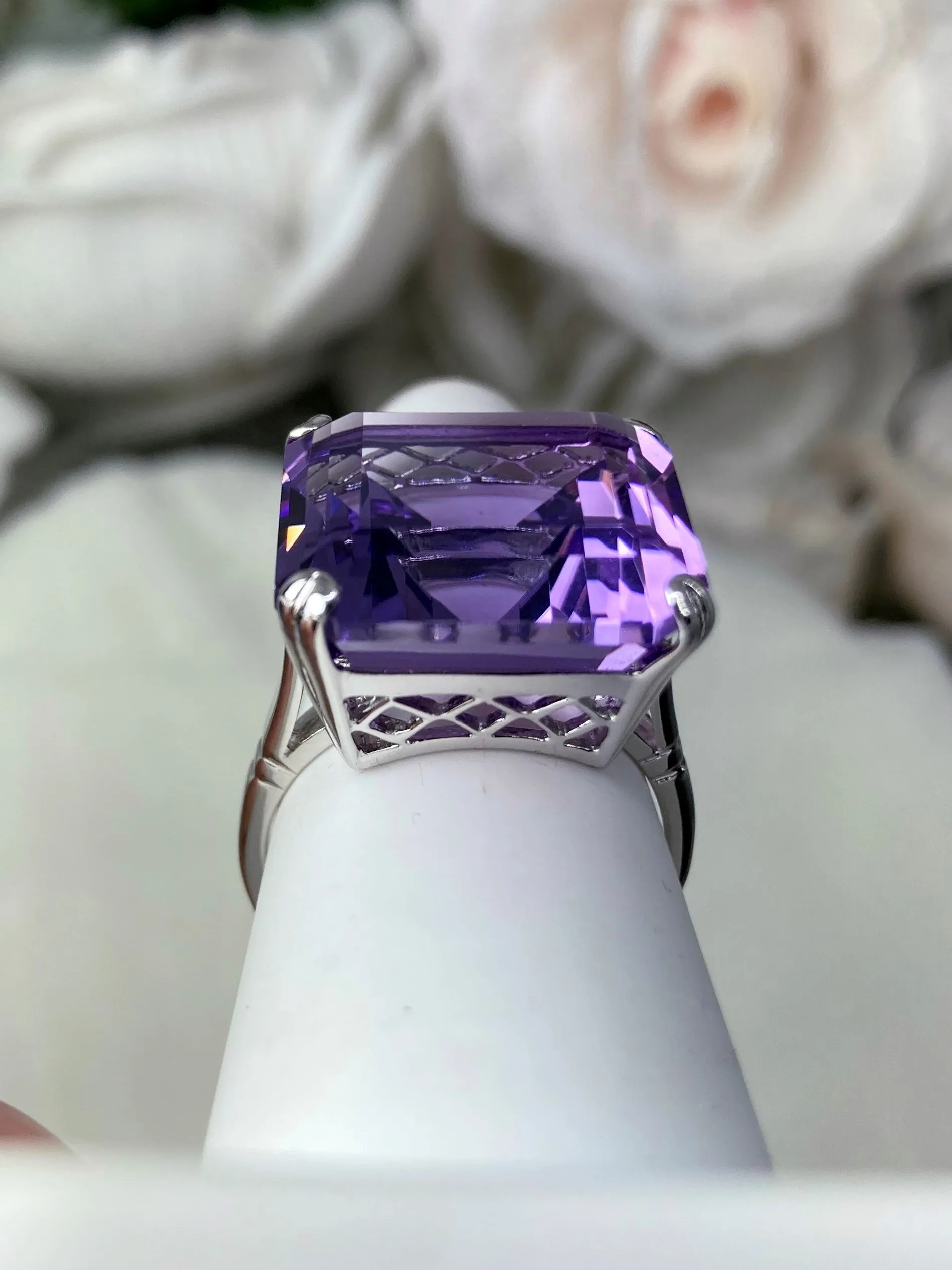 Natural Amethyst Ring, 20ct Big Huge Square Gem, Vintage Jewelry #D1