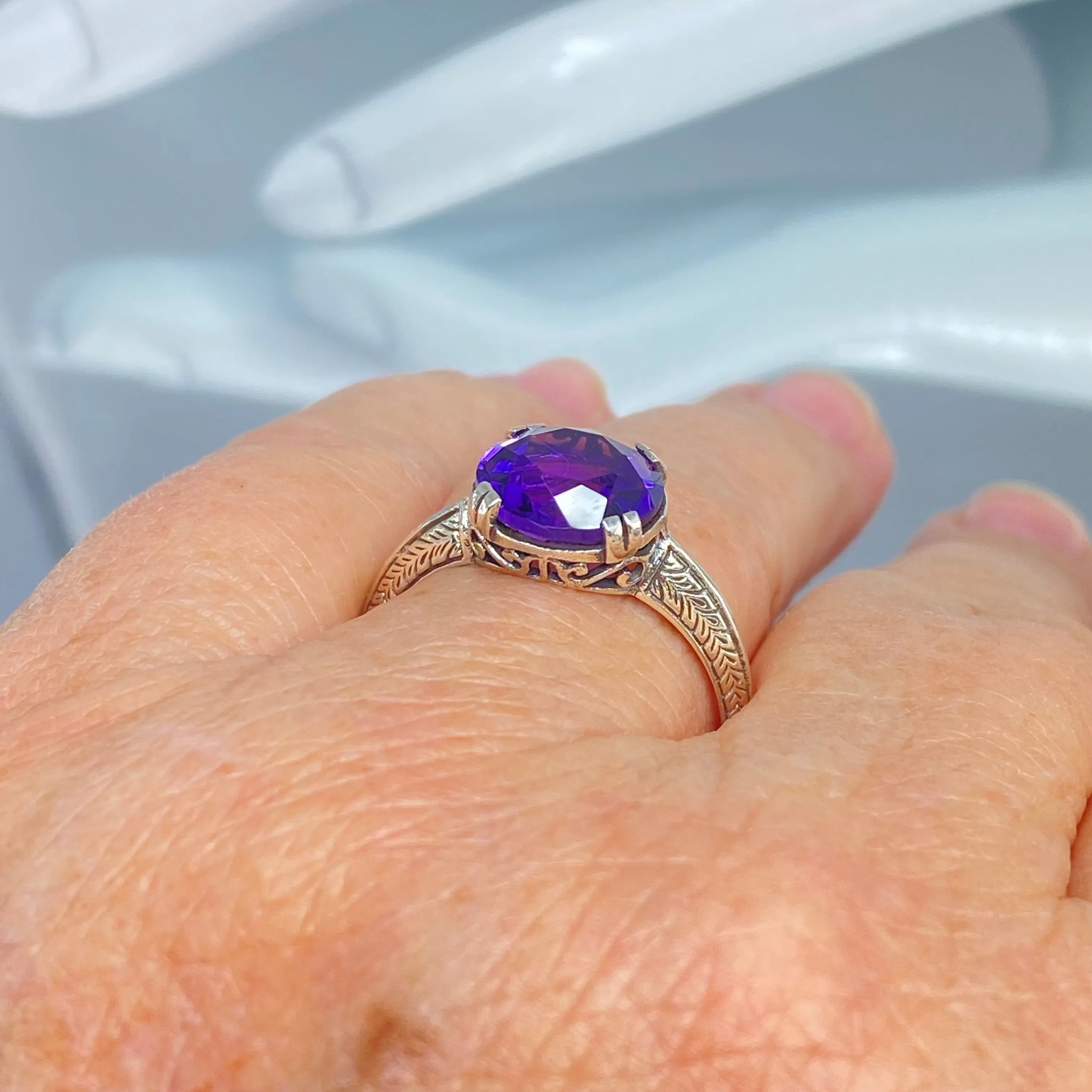 Natural Amethyst Ring, Size 10, Button Ring, Art Deco 1930's Style Jewelry, #D12 - Ready to Ship
