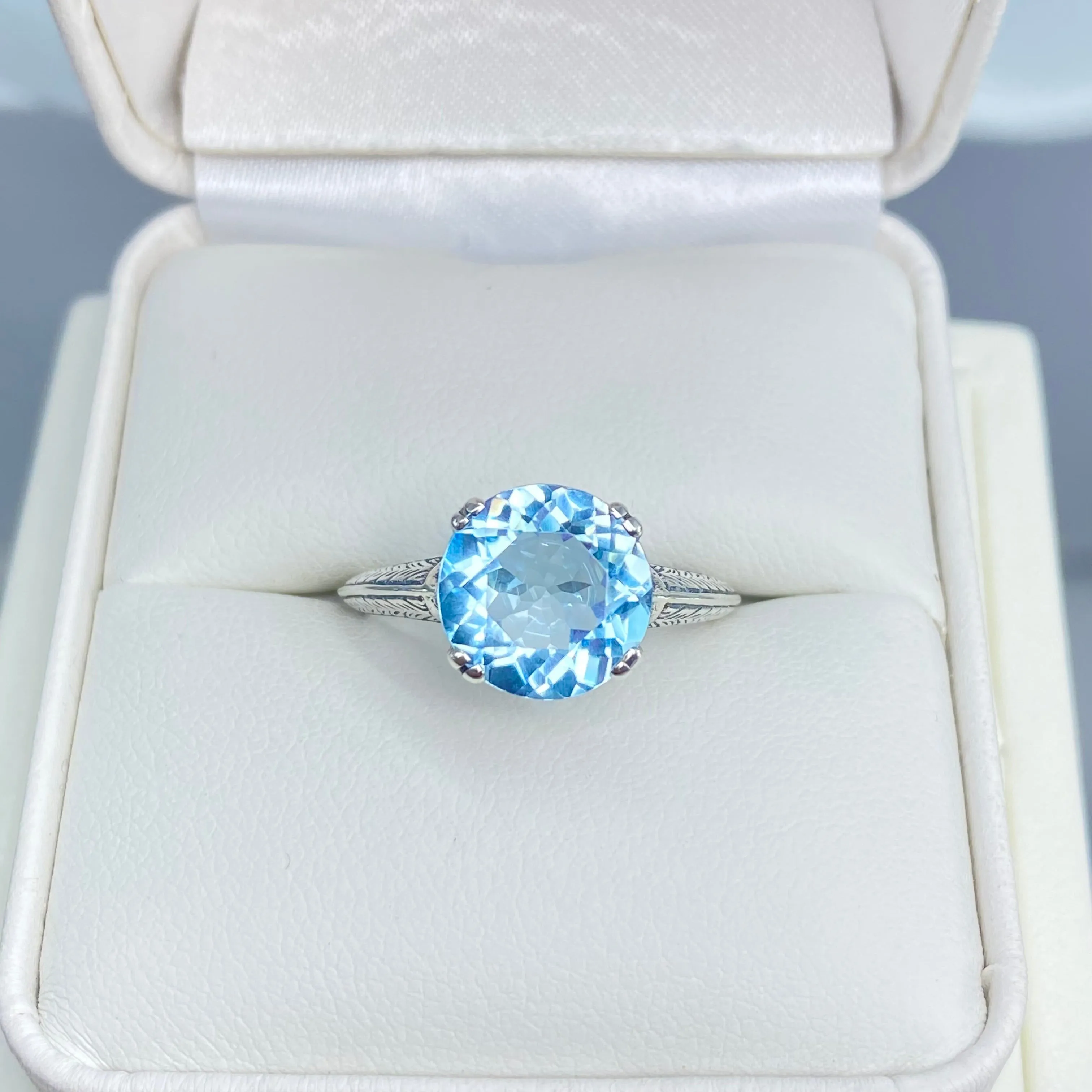 Natural Blue Topaz Ring, Button Ring, Art Deco 1930's Style Jewelry, #D12