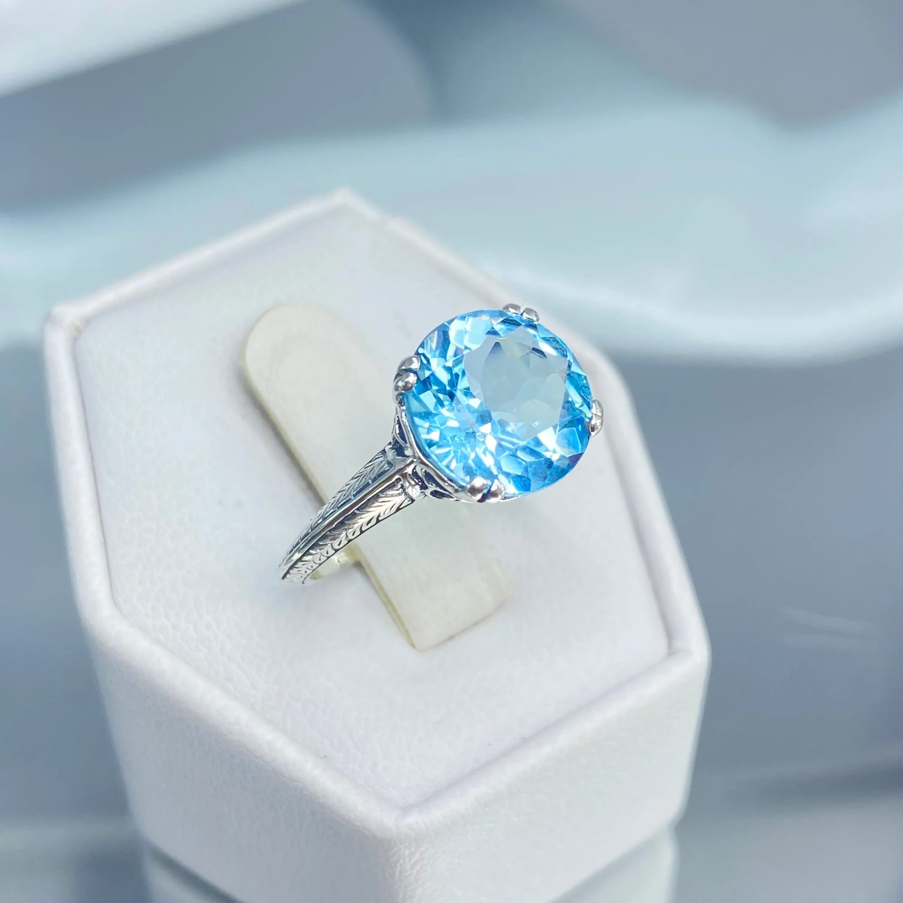 Natural Blue Topaz Ring, Button Ring, Art Deco 1930's Style Jewelry, #D12