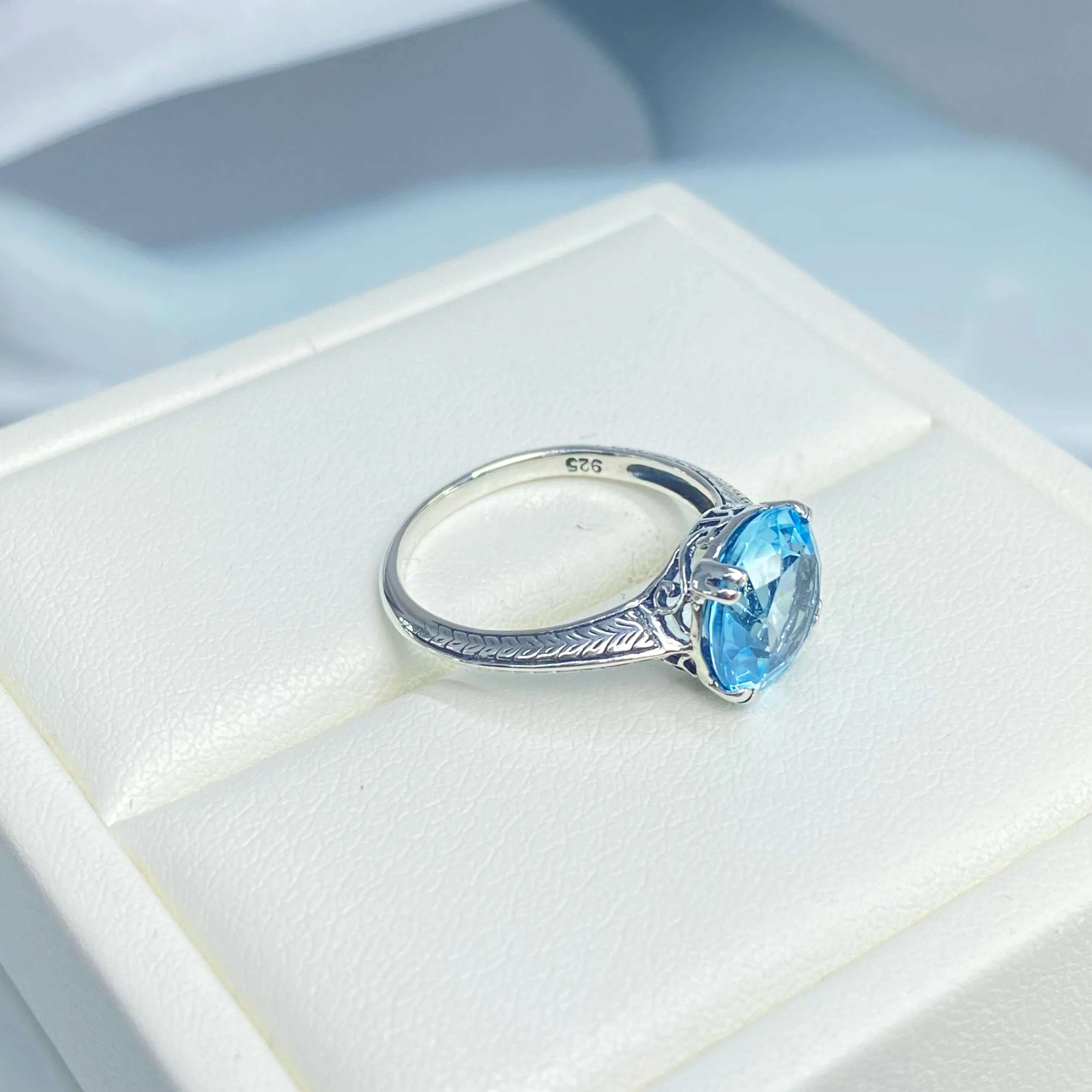Natural Blue Topaz Ring, Button Ring, Art Deco 1930's Style Jewelry, #D12