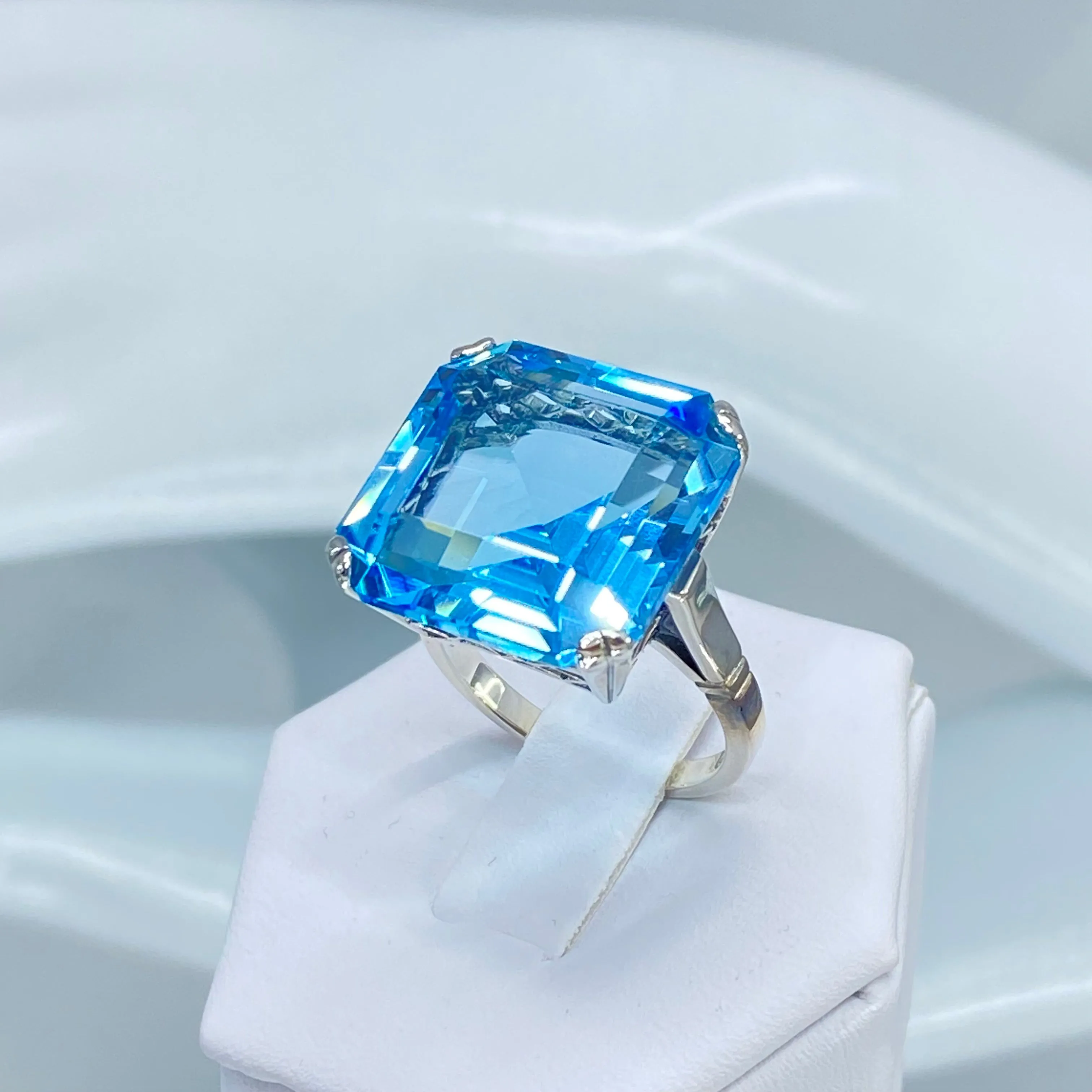 Natural Blue Topaz Ring, Size 9, Huge 20ct Big Square Gem, Vintage Jewelry #D1 - Ready to Ship