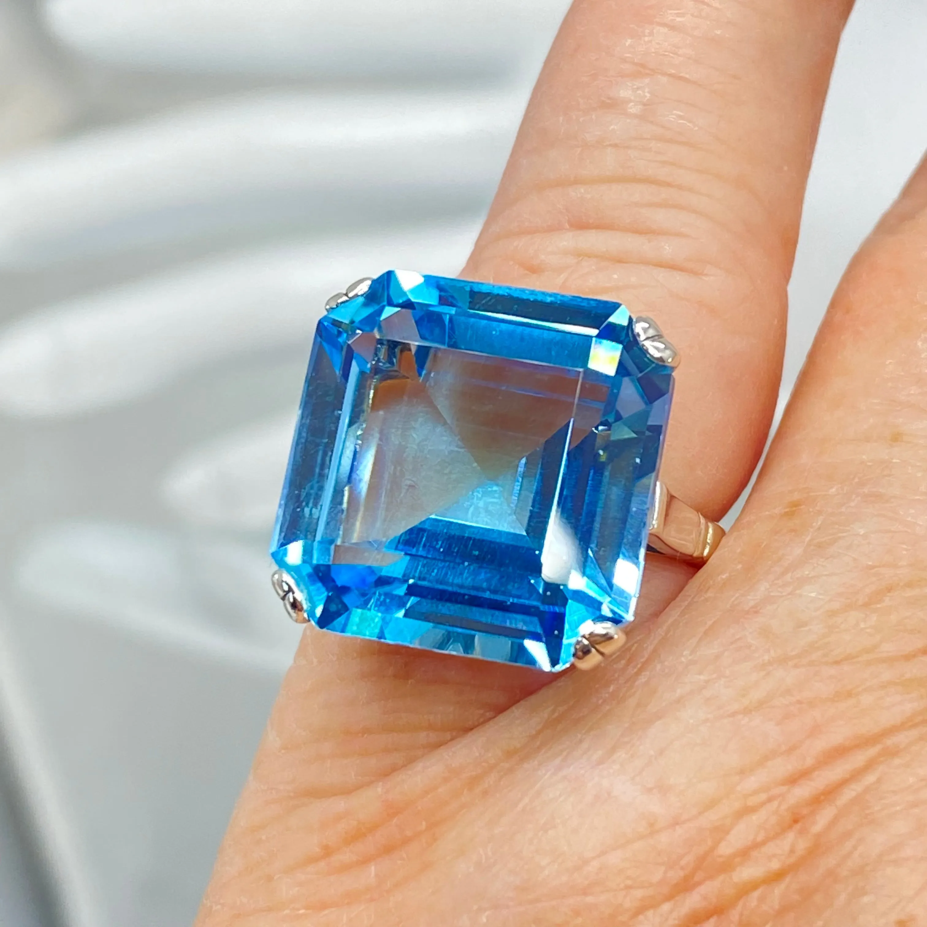 Natural Blue Topaz Ring, Size 9, Huge 20ct Big Square Gem, Vintage Jewelry #D1 - Ready to Ship