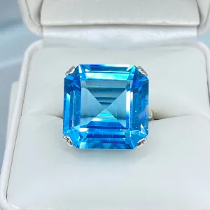 Natural Blue Topaz Ring, Size 9, Huge 20ct Big Square Gem, Vintage Jewelry #D1 - Ready to Ship