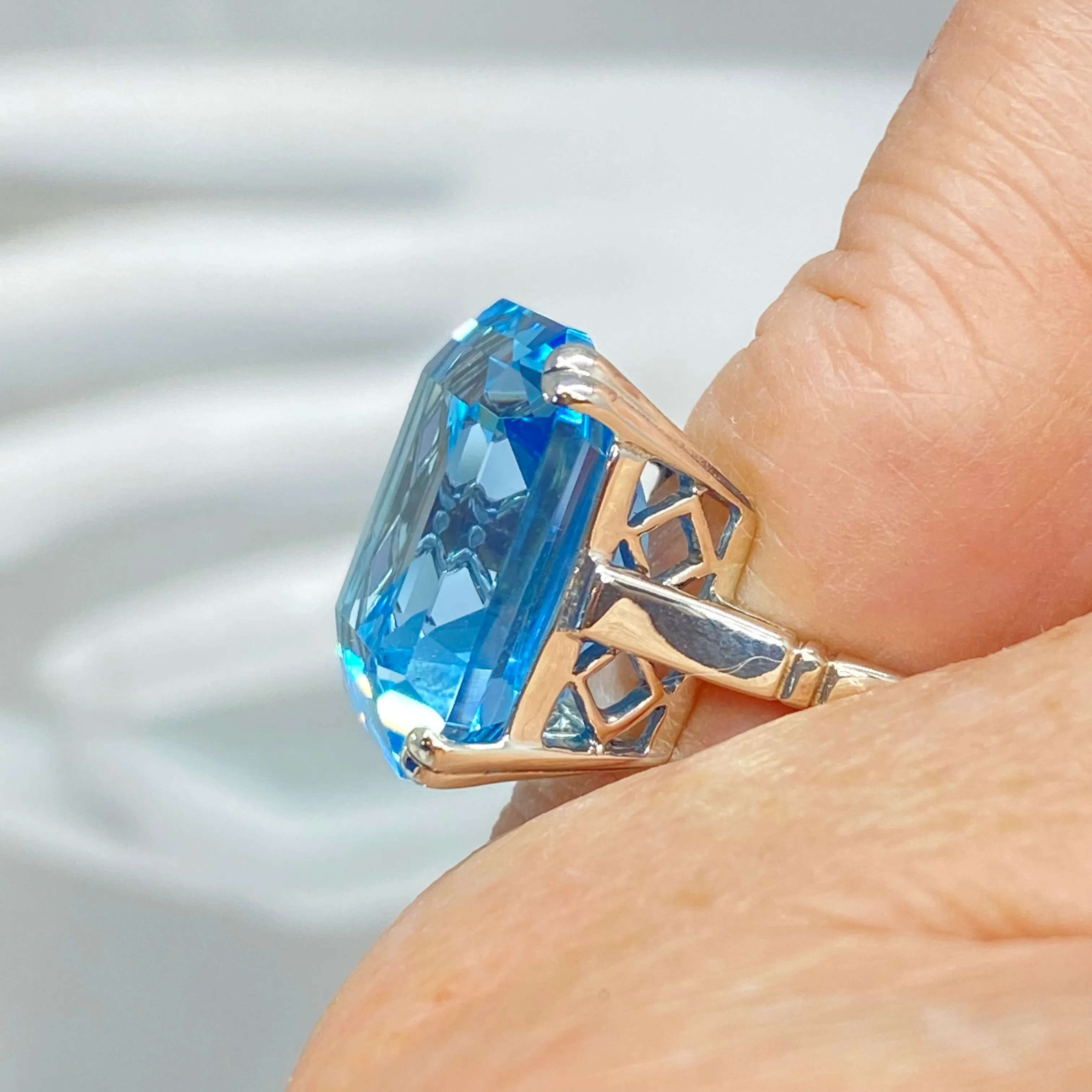 Natural Blue Topaz Ring, Size 9, Huge 20ct Big Square Gem, Vintage Jewelry #D1 - Ready to Ship