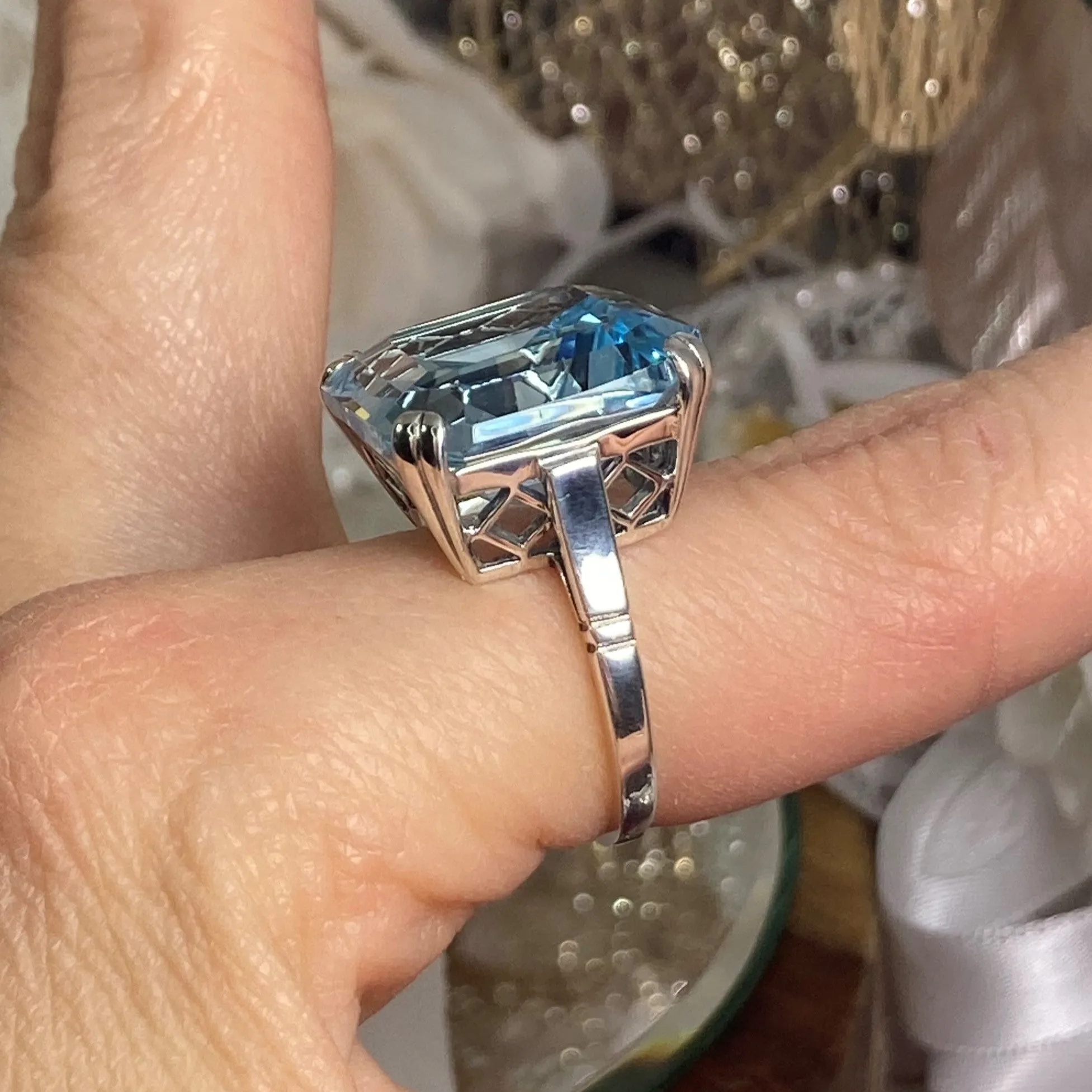 Natural Blue Topaz Ring, Size 9, Huge 20ct Big Square Gem, Vintage Jewelry #D1 - Ready to Ship