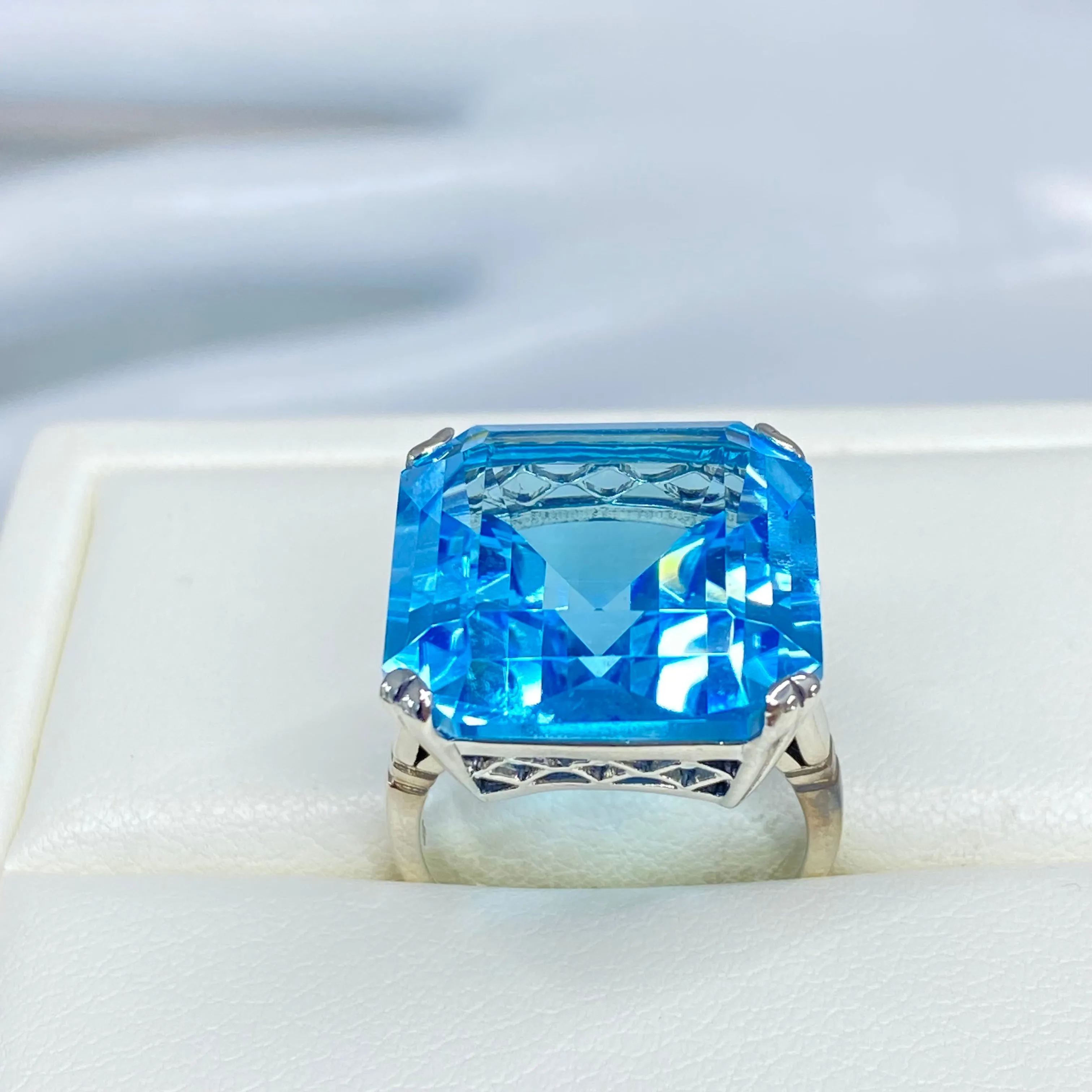 Natural Blue Topaz Ring, Size 9, Huge 20ct Big Square Gem, Vintage Jewelry #D1 - Ready to Ship