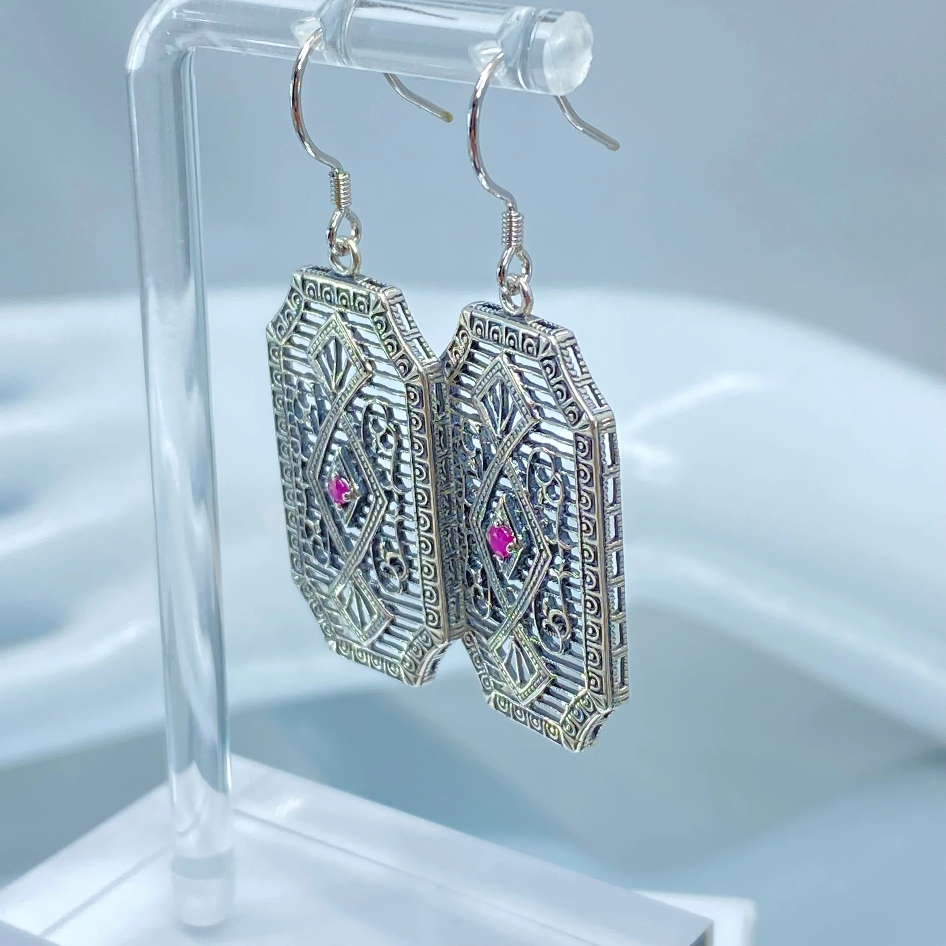 Natural Ruby Earrings, Geometric Art Deco Inspired Vintage Revival Jewelry #E357