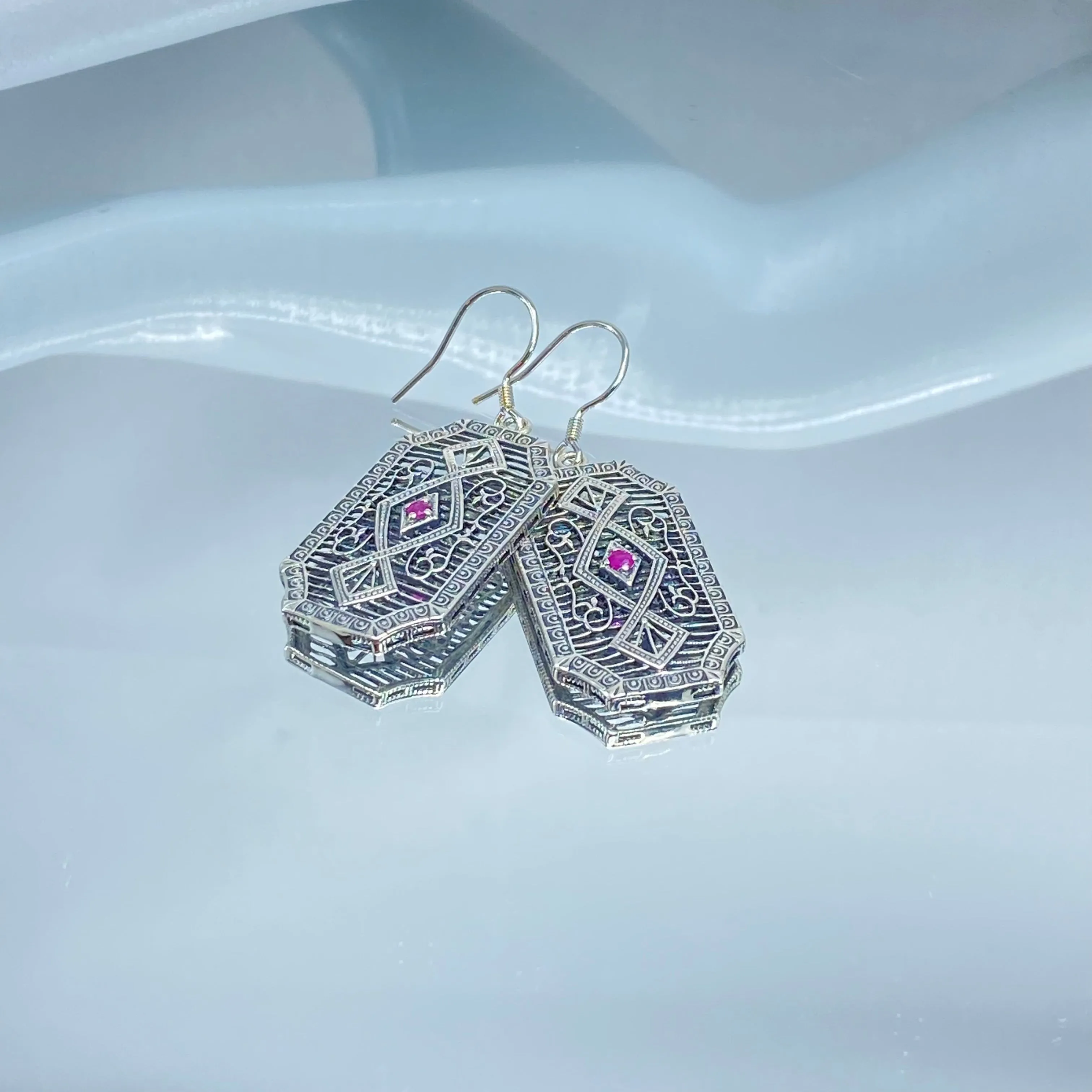 Natural Ruby Earrings, Geometric Art Deco Inspired Vintage Revival Jewelry #E357