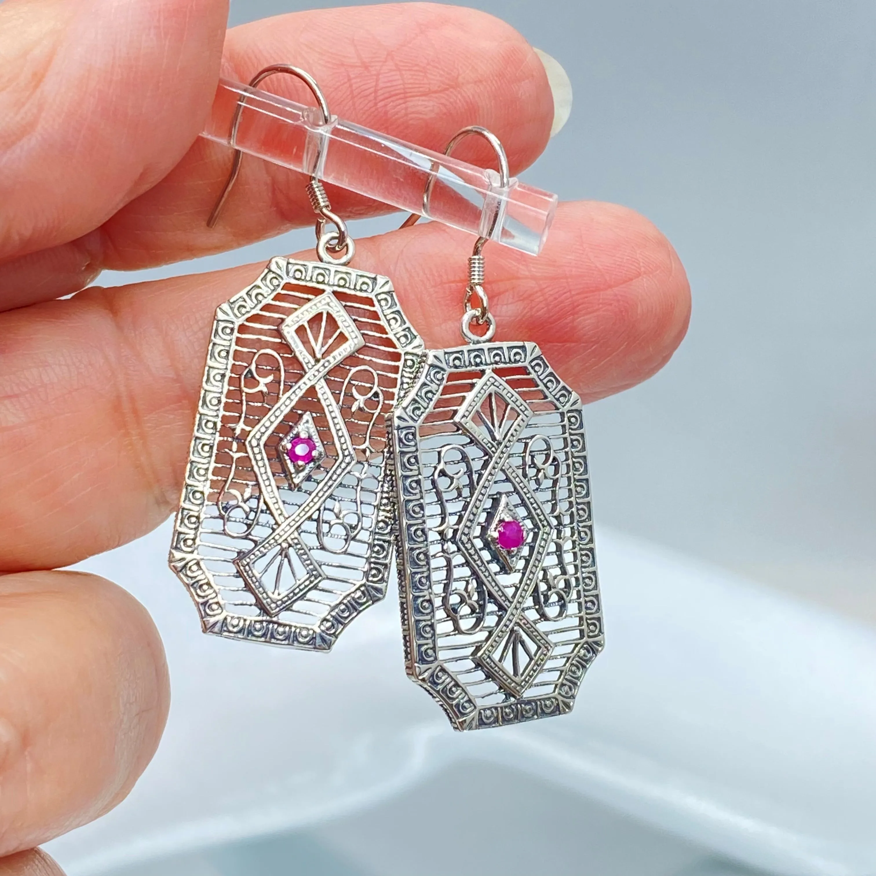 Natural Ruby Earrings, Geometric Art Deco Inspired Vintage Revival Jewelry #E357