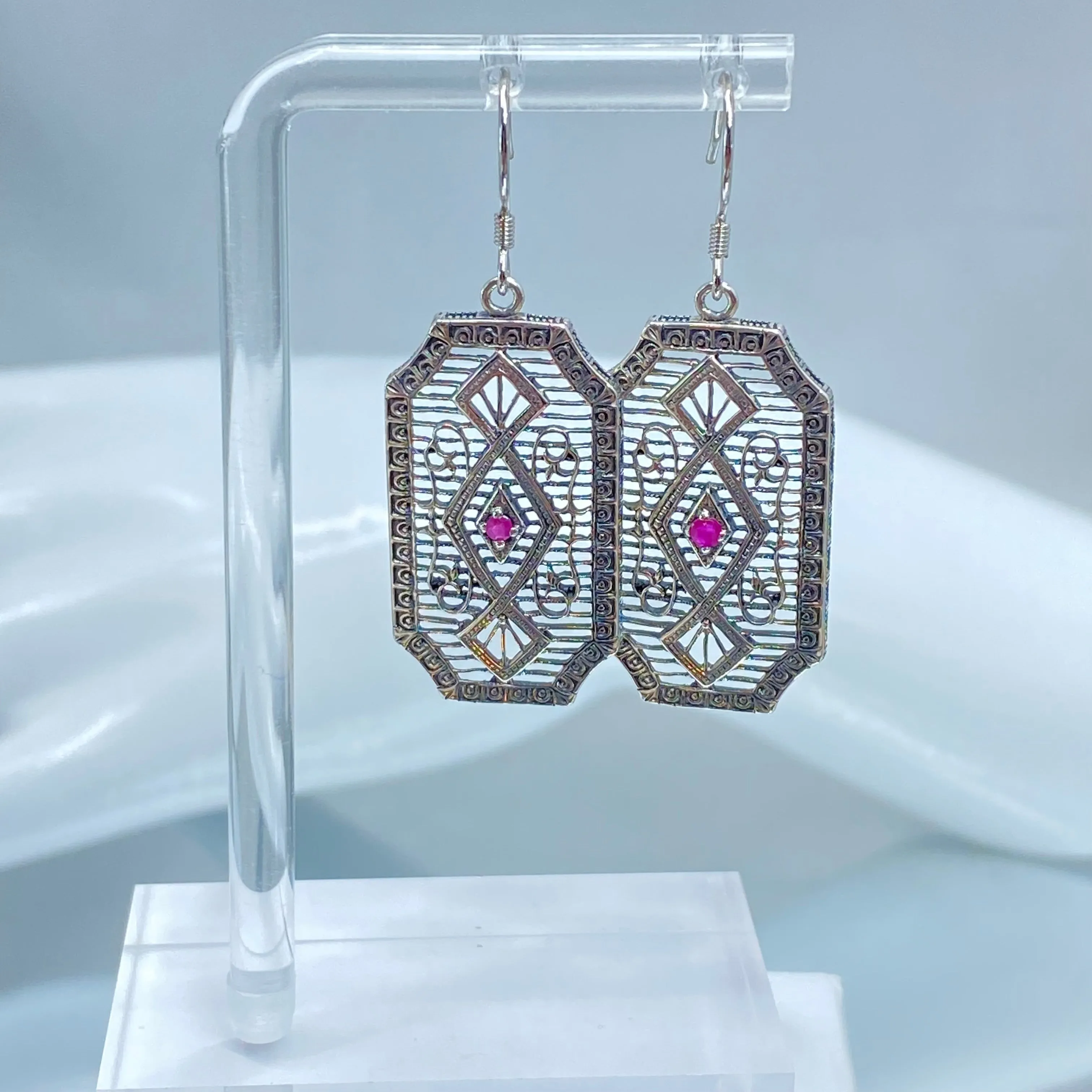 Natural Ruby Earrings, Geometric Art Deco Inspired Vintage Revival Jewelry #E357