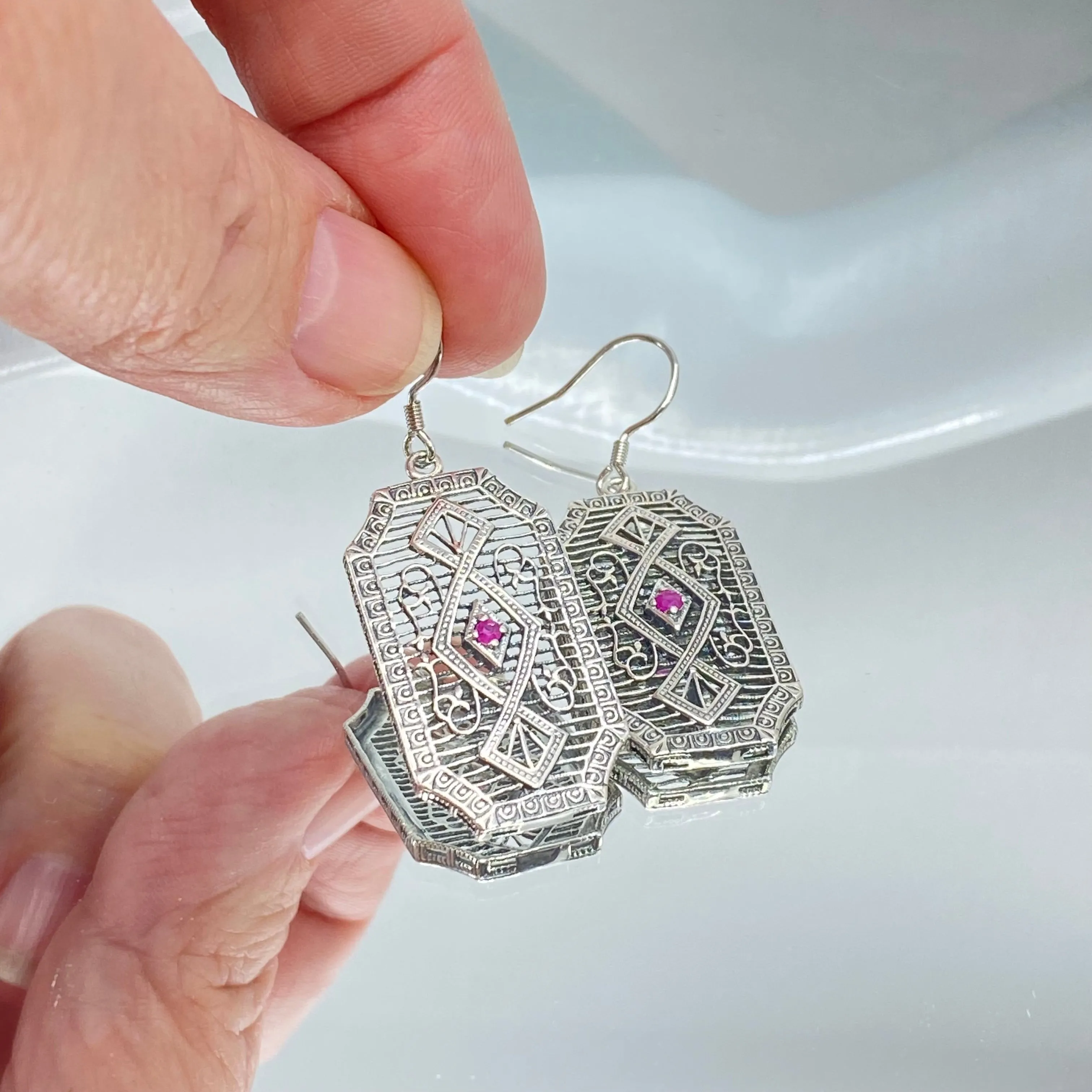 Natural Ruby Earrings, Geometric Art Deco Inspired Vintage Revival Jewelry #E357