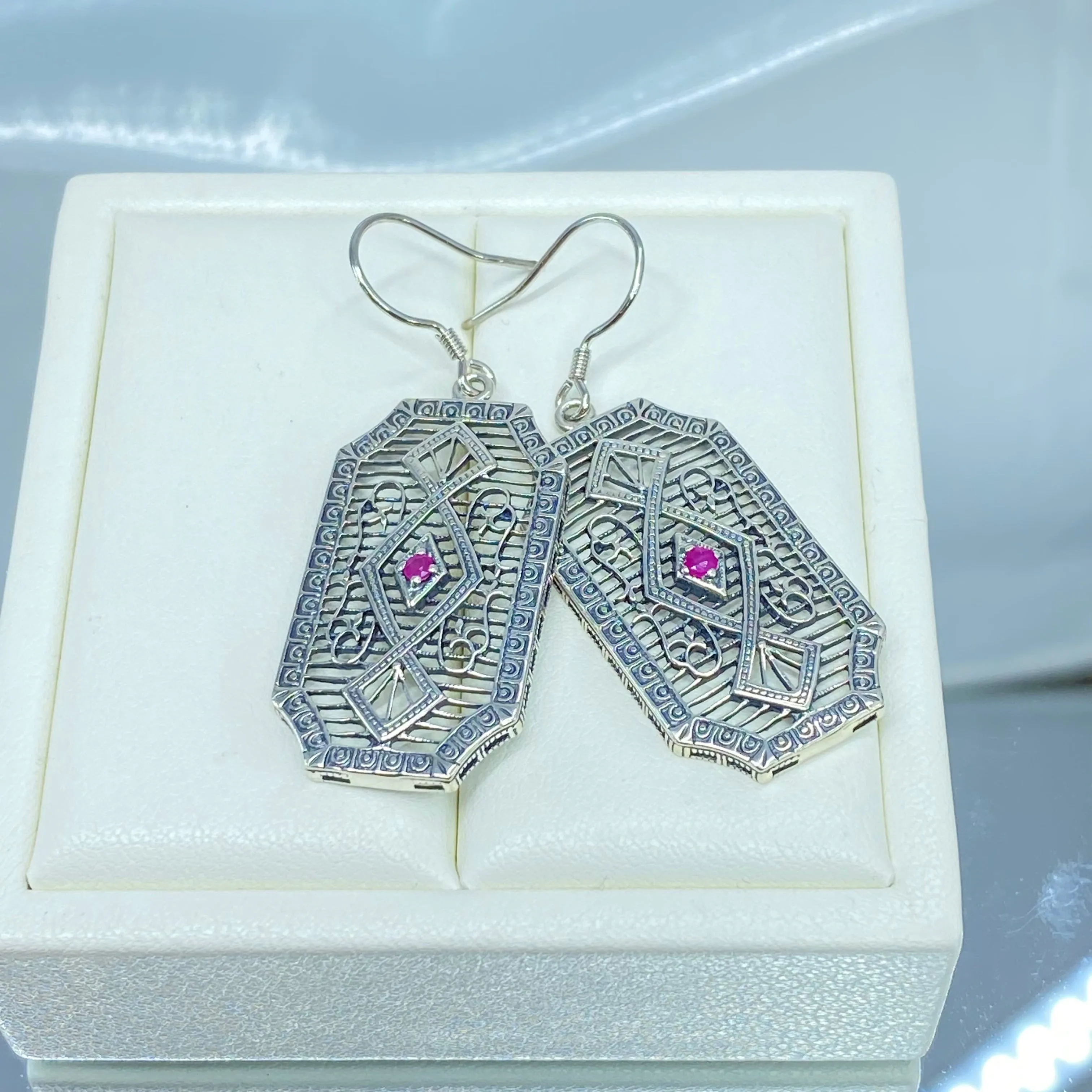 Natural Ruby Earrings, Geometric Art Deco Inspired Vintage Revival Jewelry #E357