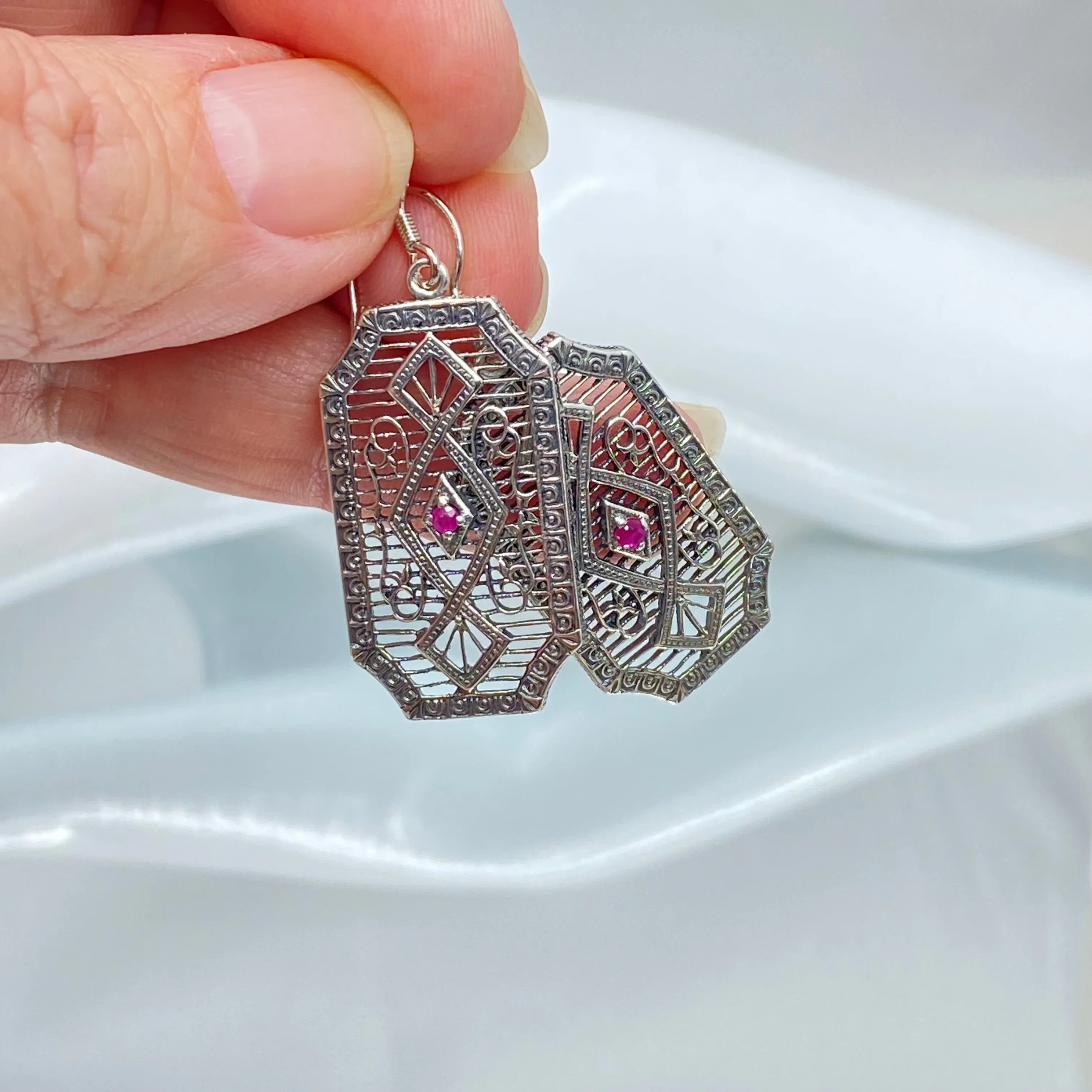 Natural Ruby Earrings, Geometric Art Deco Inspired Vintage Revival Jewelry #E357