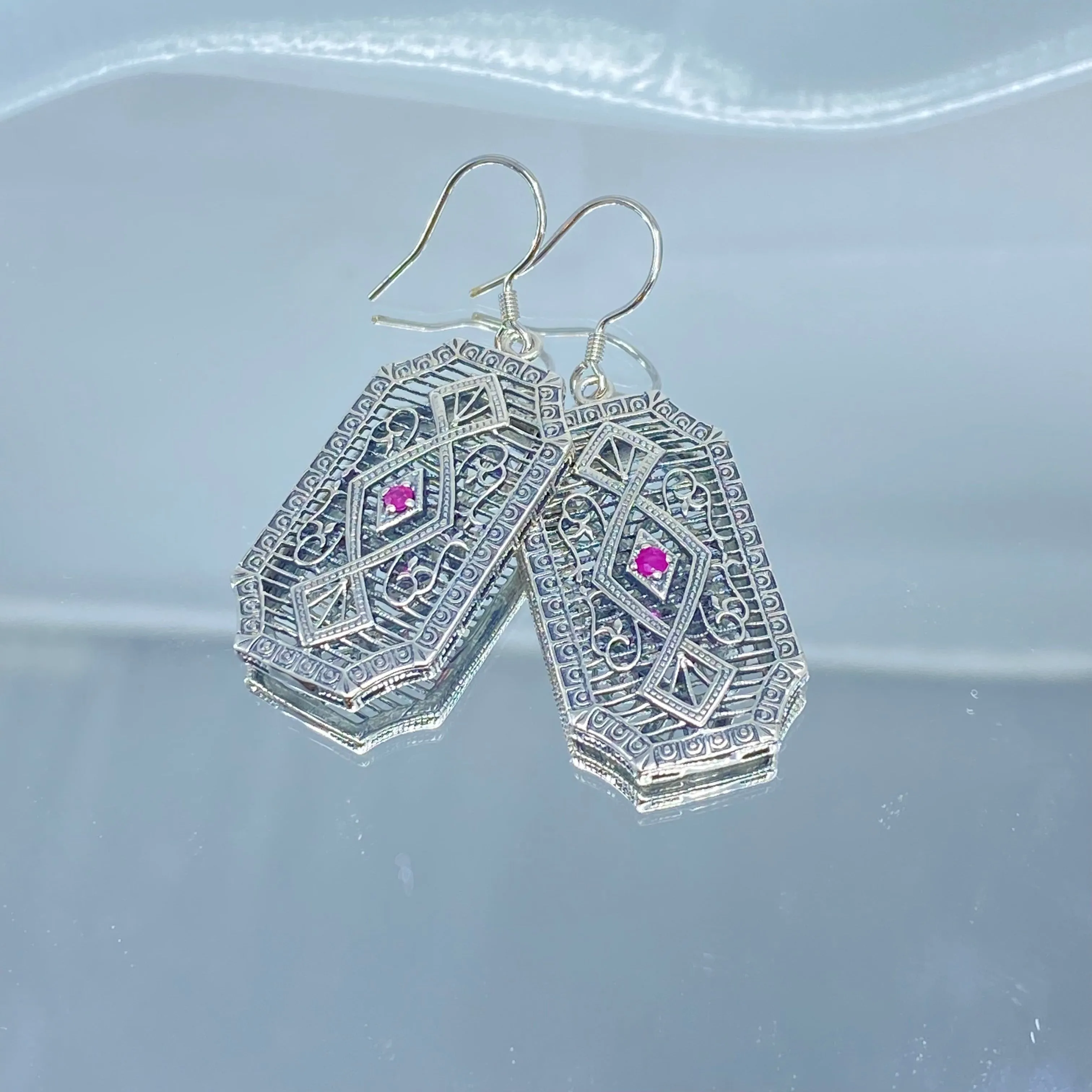 Natural Ruby Earrings, Geometric Art Deco Inspired Vintage Revival Jewelry #E357