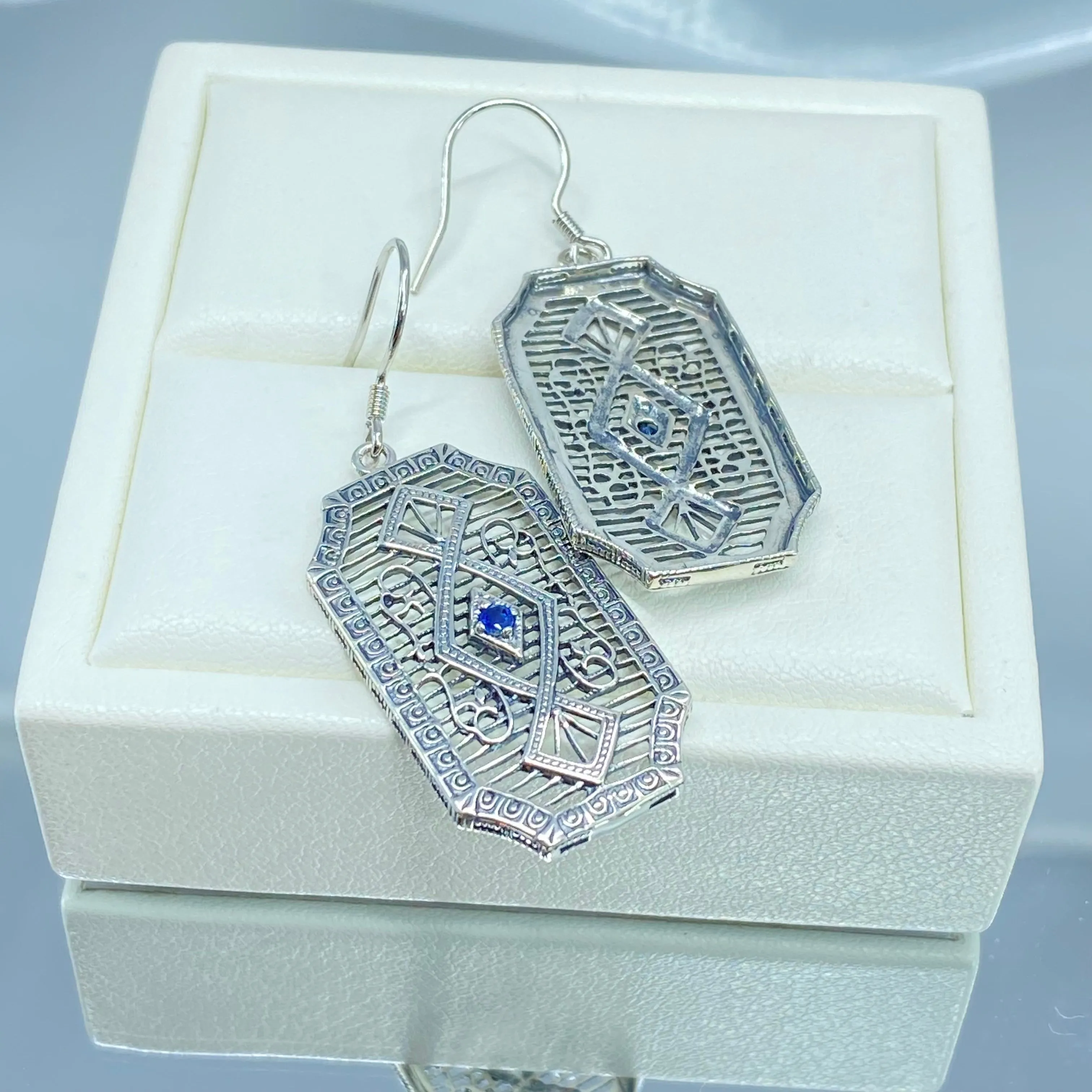 Natural Sapphire Earrings, Geometric Art Deco Inspired Vintage Revival Jewelry #E357