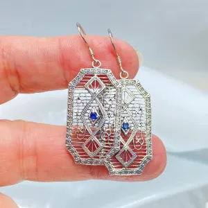Natural Sapphire Earrings, Geometric Art Deco Inspired Vintage Revival Jewelry #E357