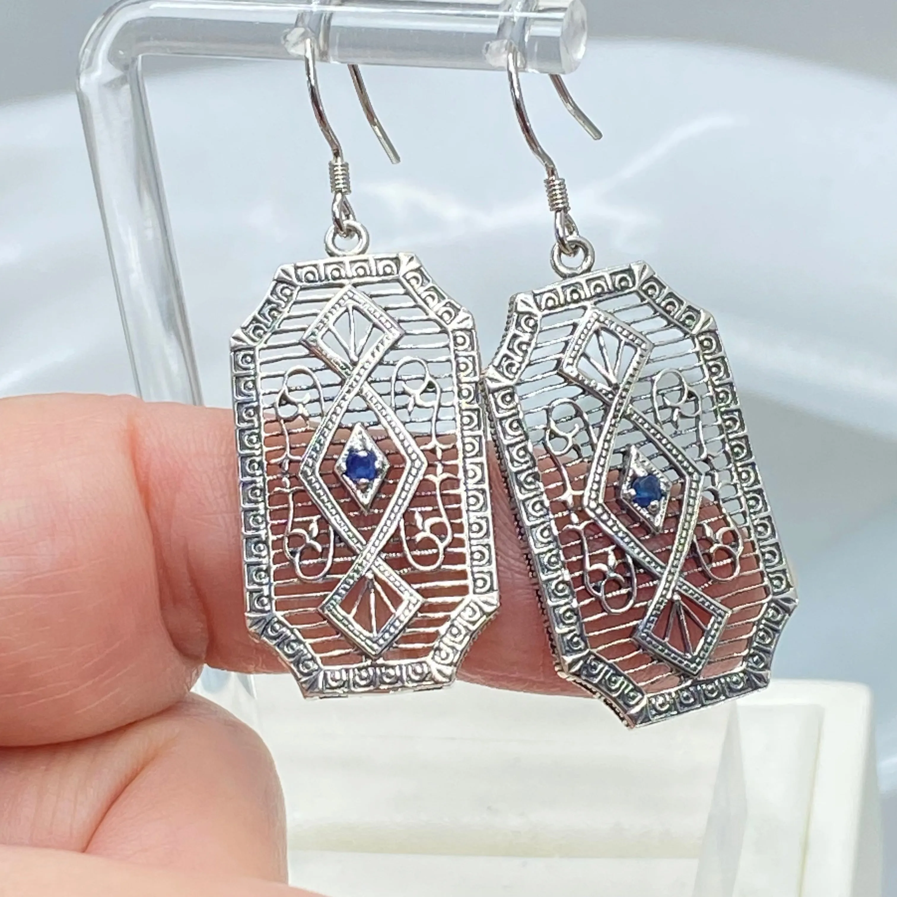 Natural Sapphire Earrings, Geometric Art Deco Inspired Vintage Revival Jewelry #E357