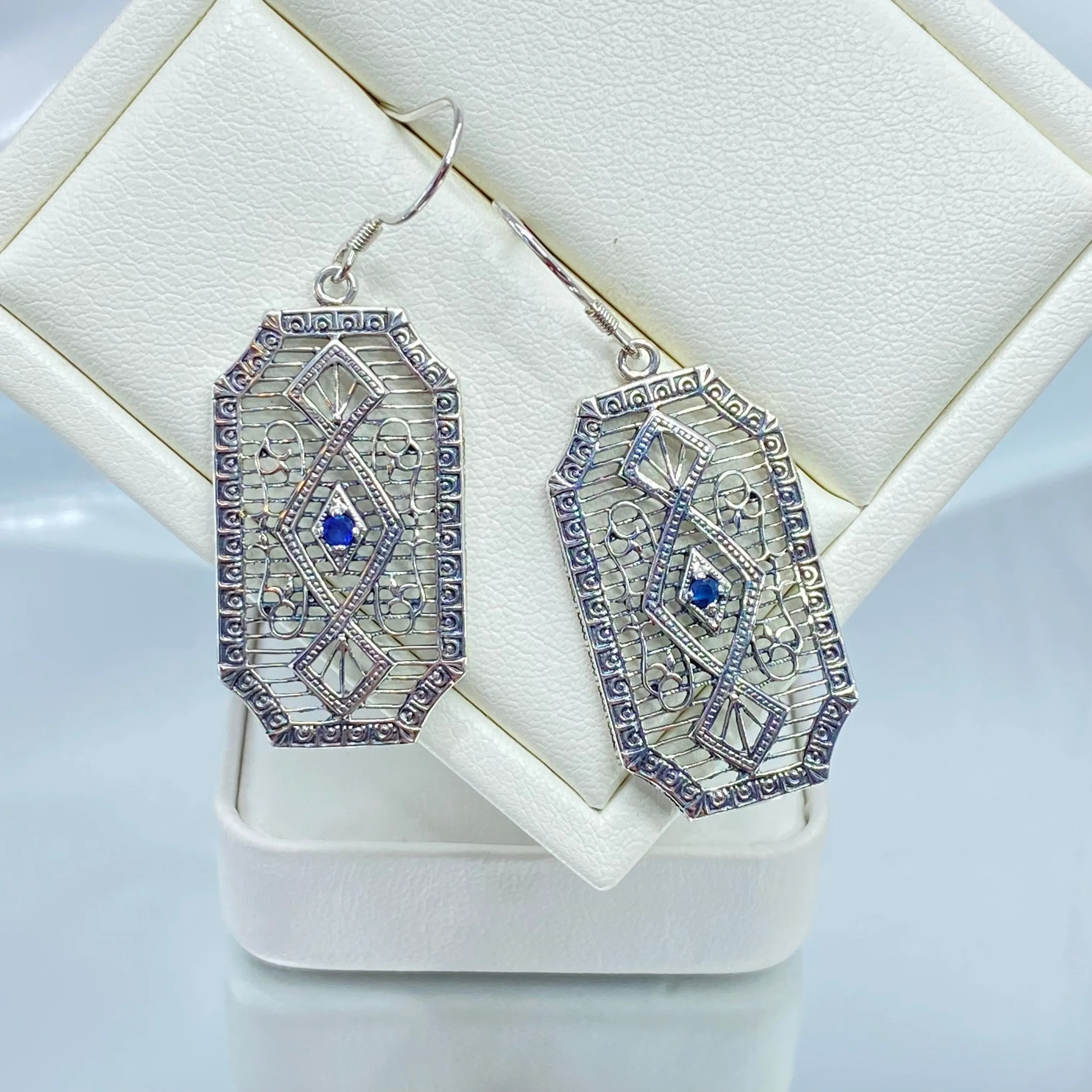 Natural Sapphire Earrings, Geometric Art Deco Inspired Vintage Revival Jewelry #E357