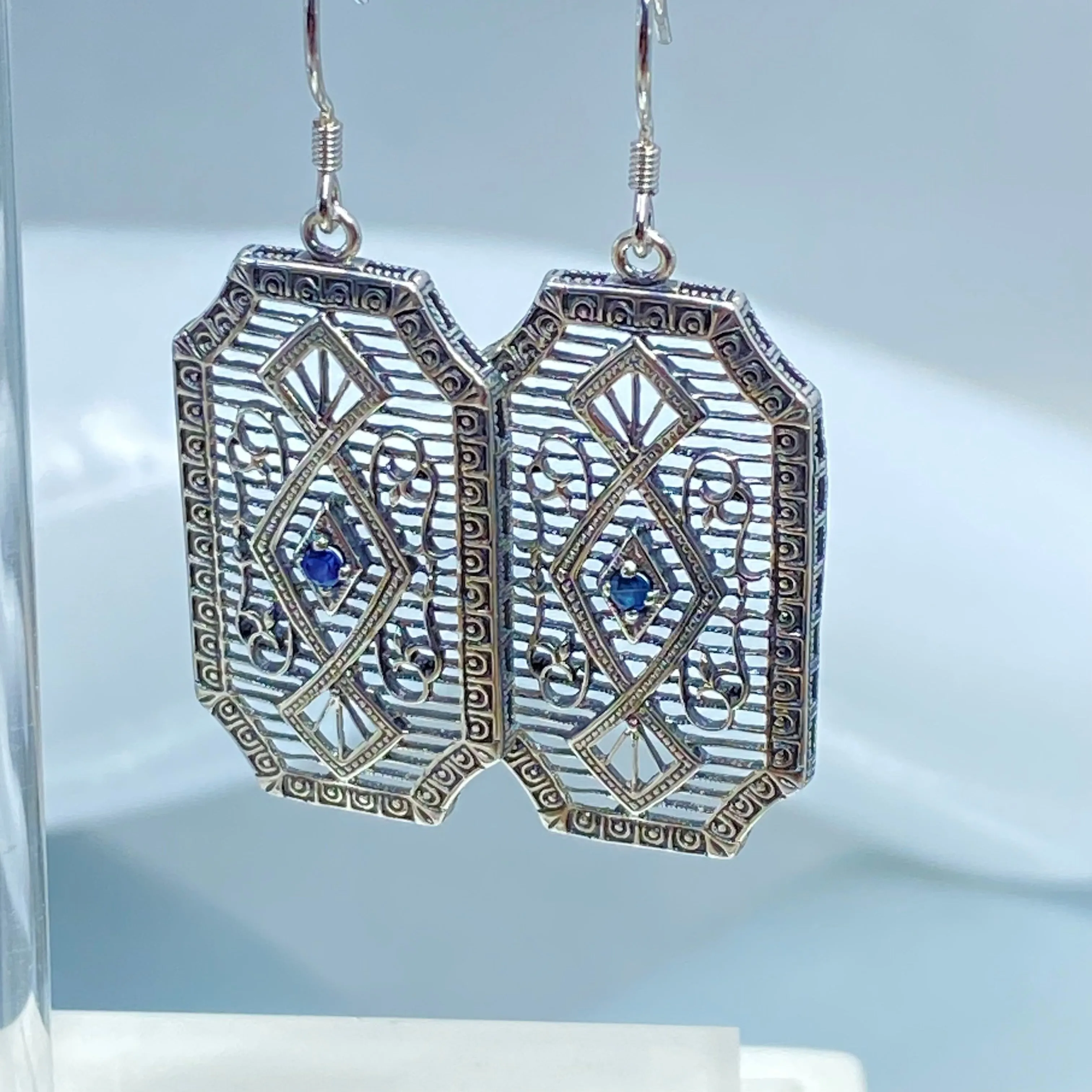 Natural Sapphire Earrings, Geometric Art Deco Inspired Vintage Revival Jewelry #E357