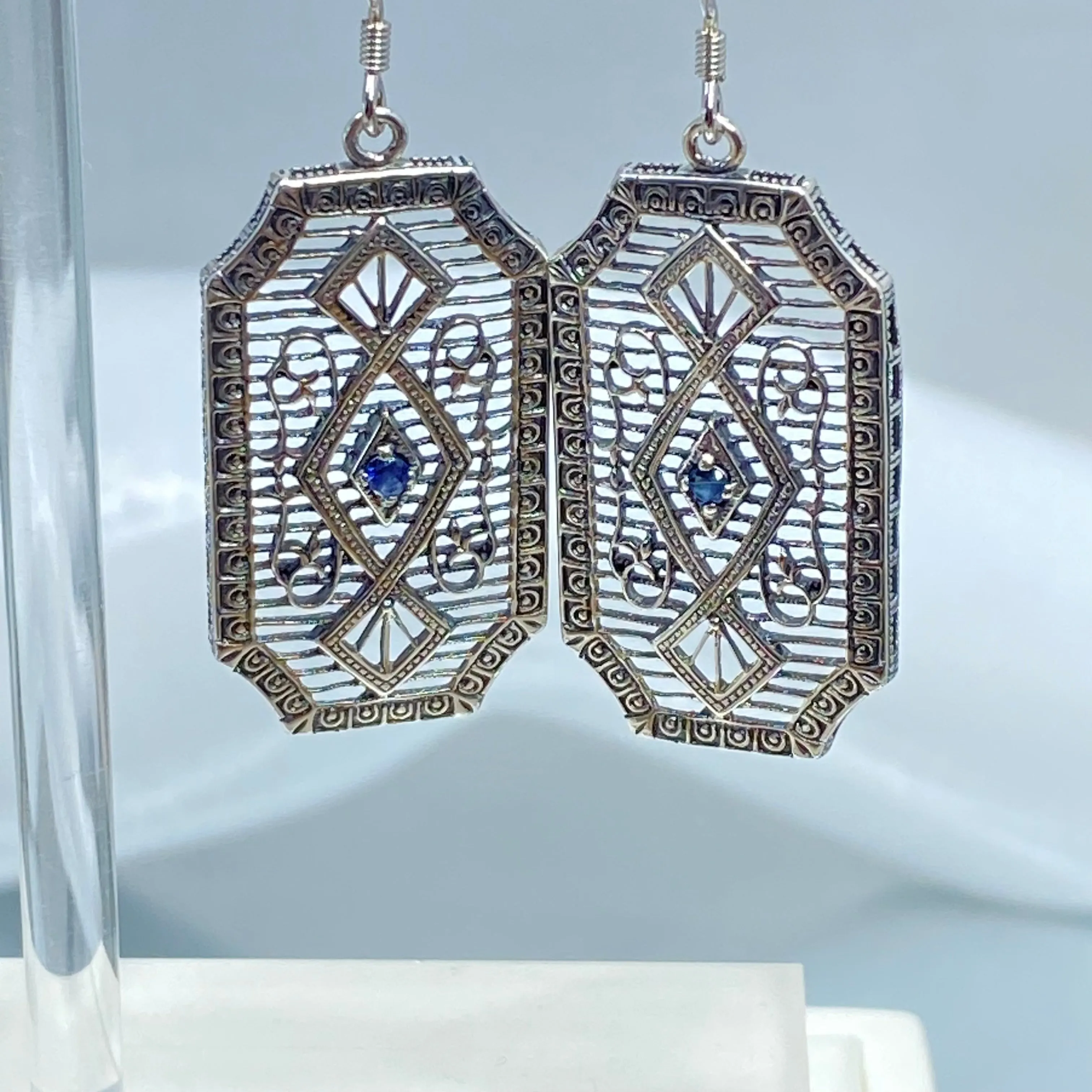Natural Sapphire Earrings, Geometric Art Deco Inspired Vintage Revival Jewelry #E357