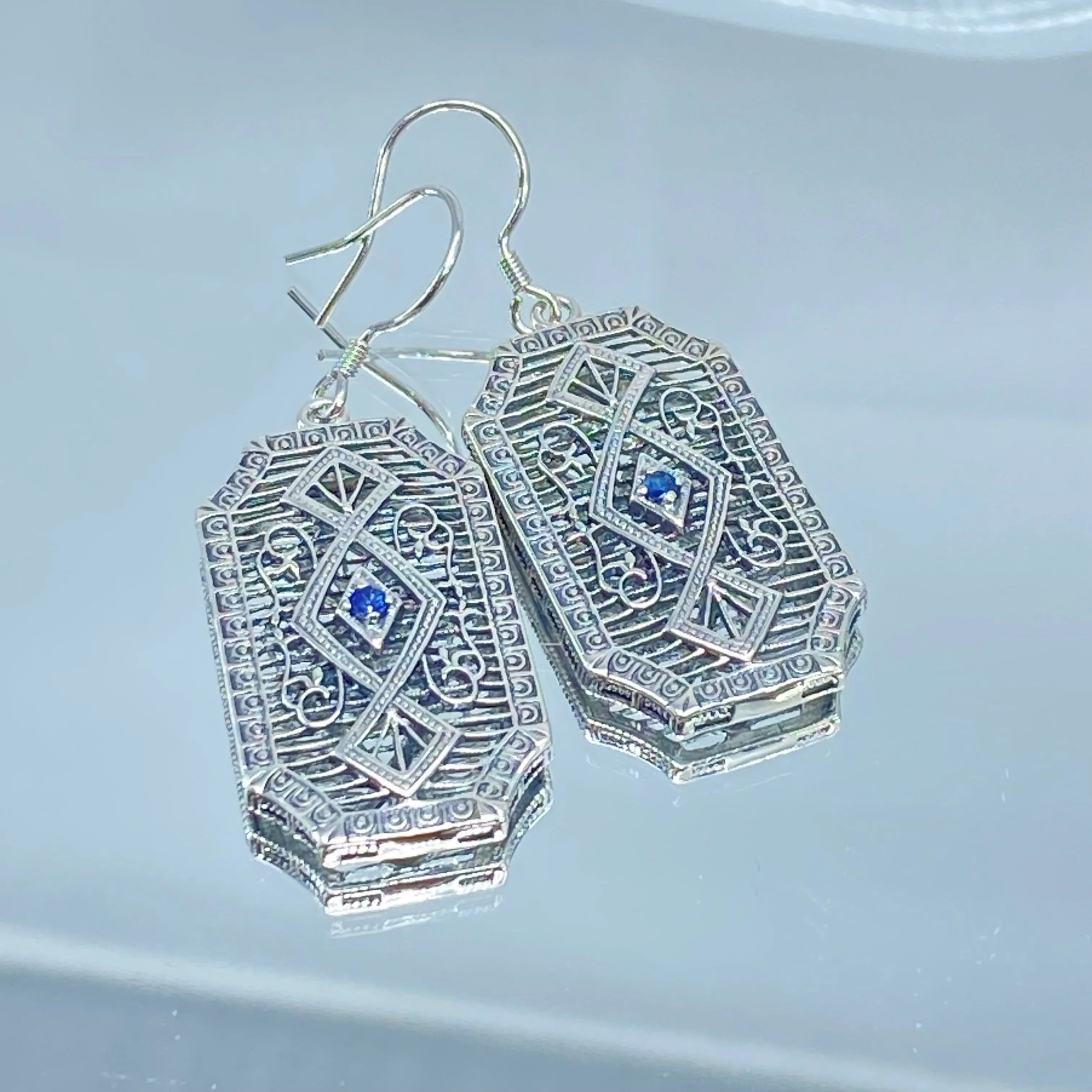 Natural Sapphire Earrings, Geometric Art Deco Inspired Vintage Revival Jewelry #E357