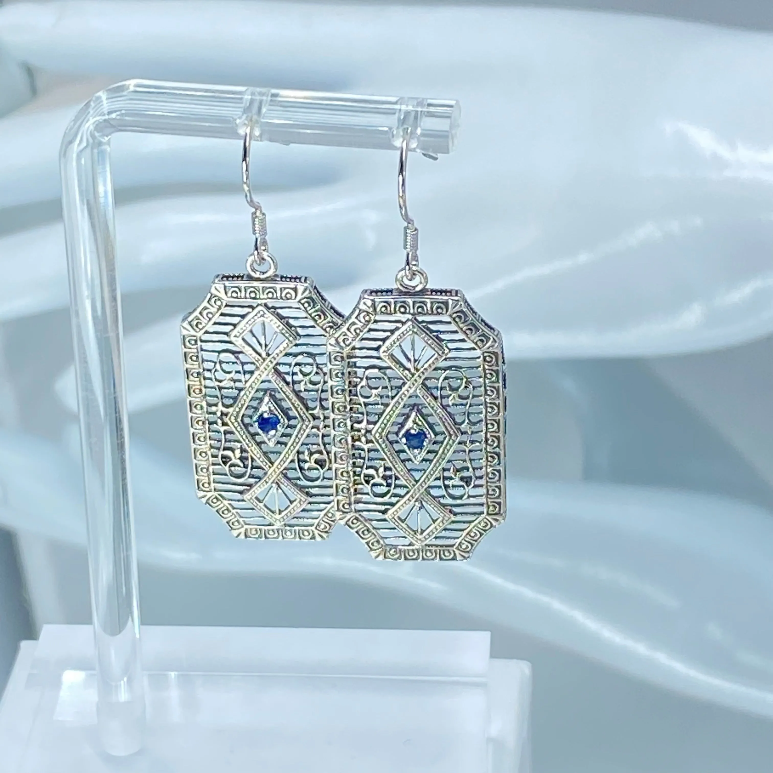 Natural Sapphire Earrings, Geometric Art Deco Inspired Vintage Revival Jewelry #E357