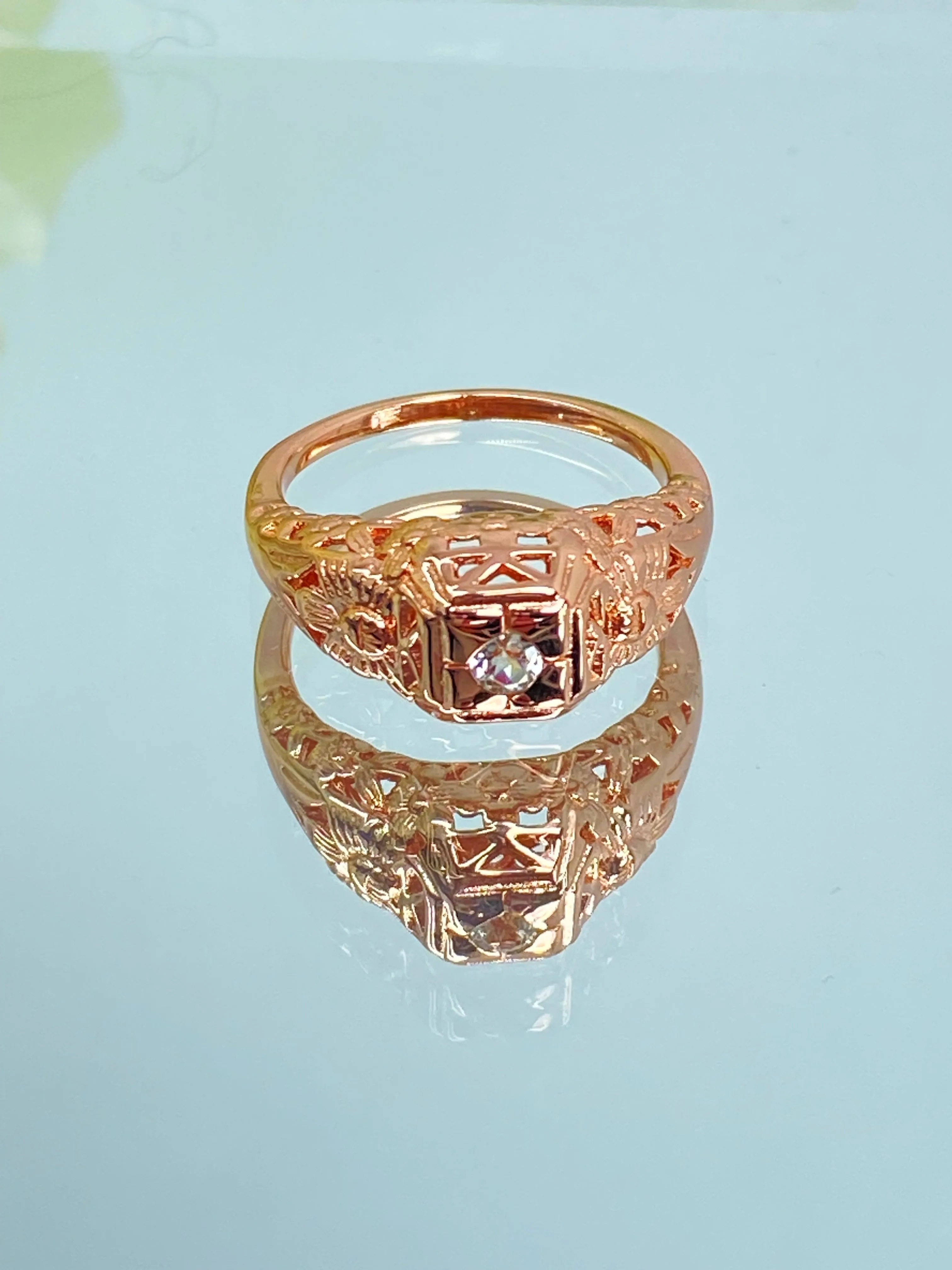 Natural White Topaz Ring, Size 7 Rose Gold Art Deco Garden Wedding Ring #D157 - Ready to Ship