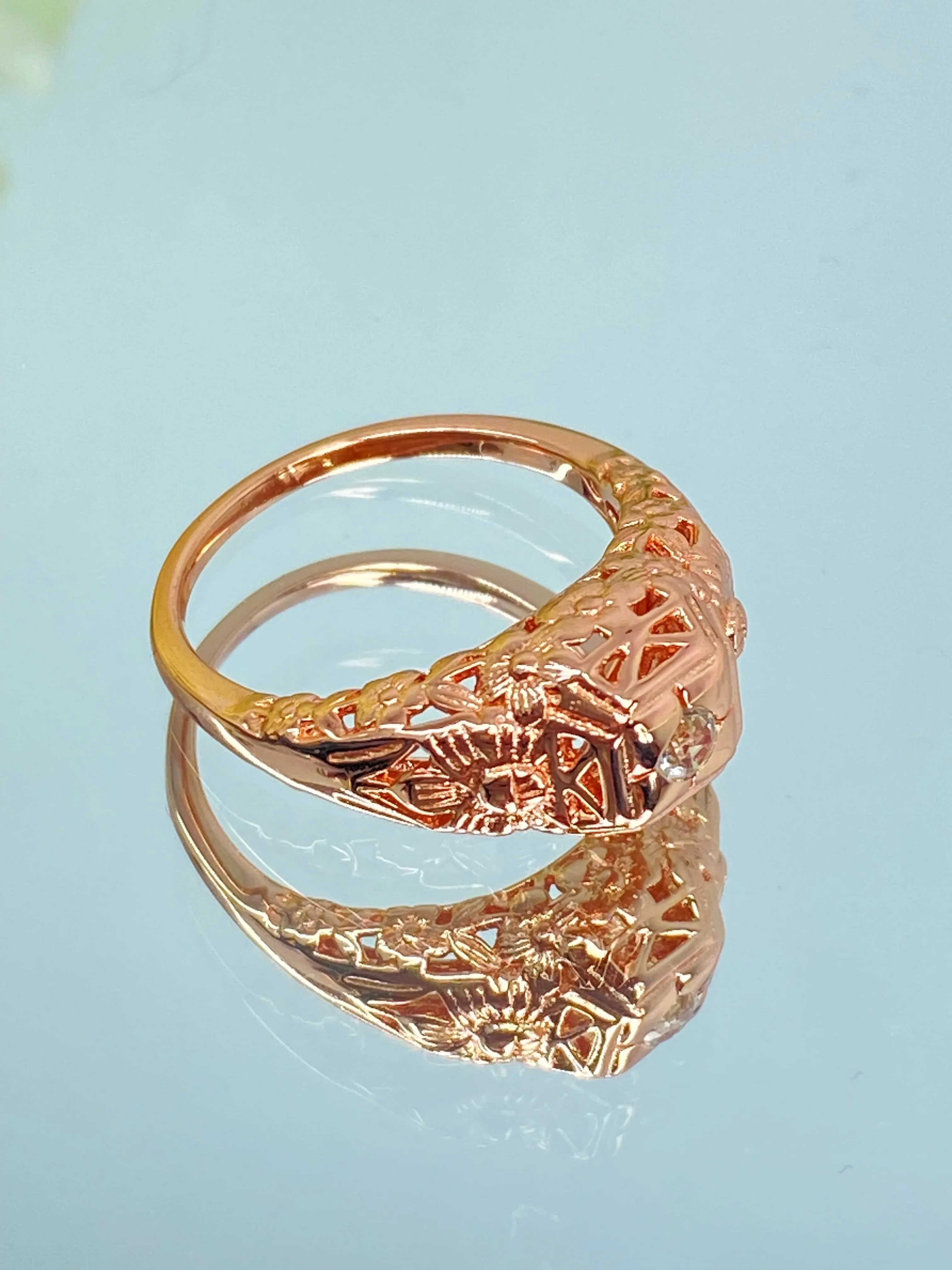 Natural White Topaz Ring, Size 7 Rose Gold Art Deco Garden Wedding Ring #D157 - Ready to Ship