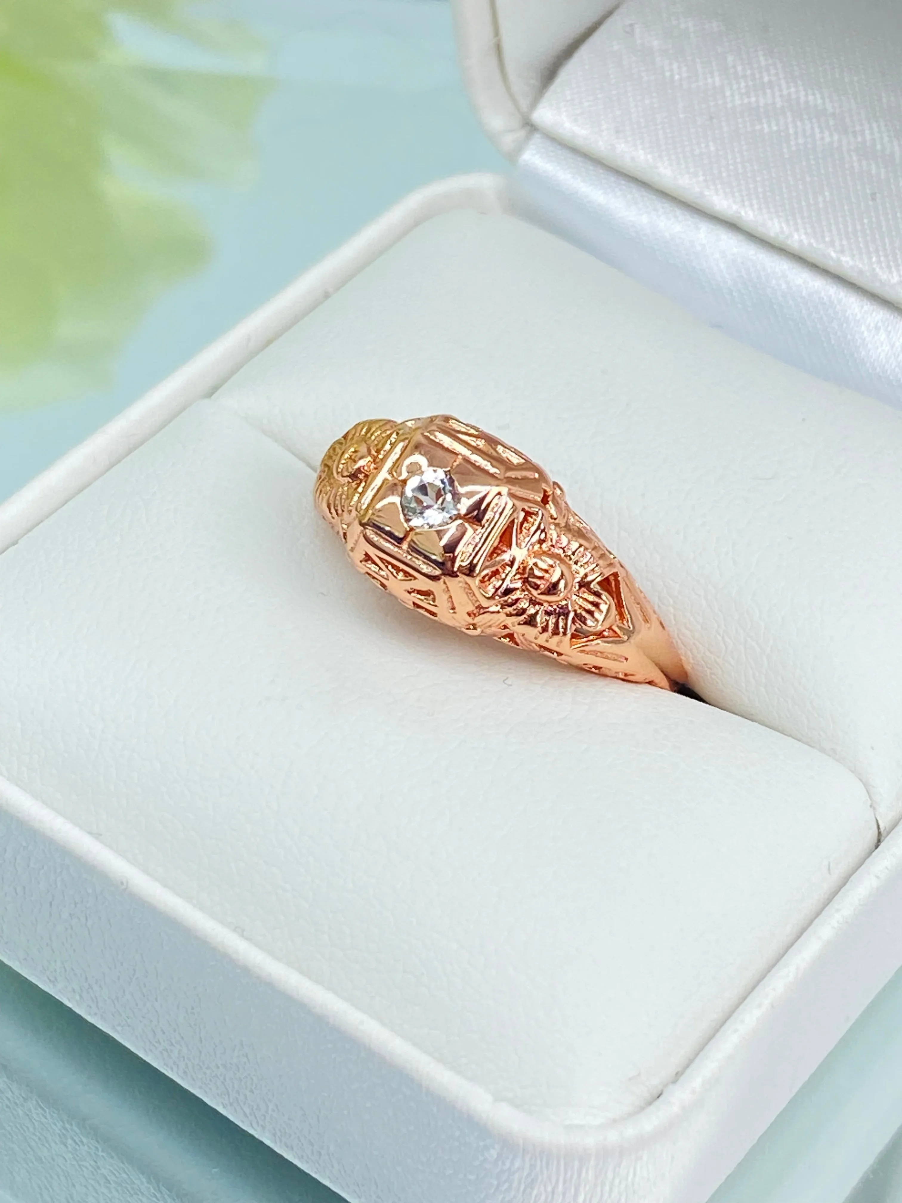 Natural White Topaz Ring, Size 7 Rose Gold Art Deco Garden Wedding Ring #D157 - Ready to Ship