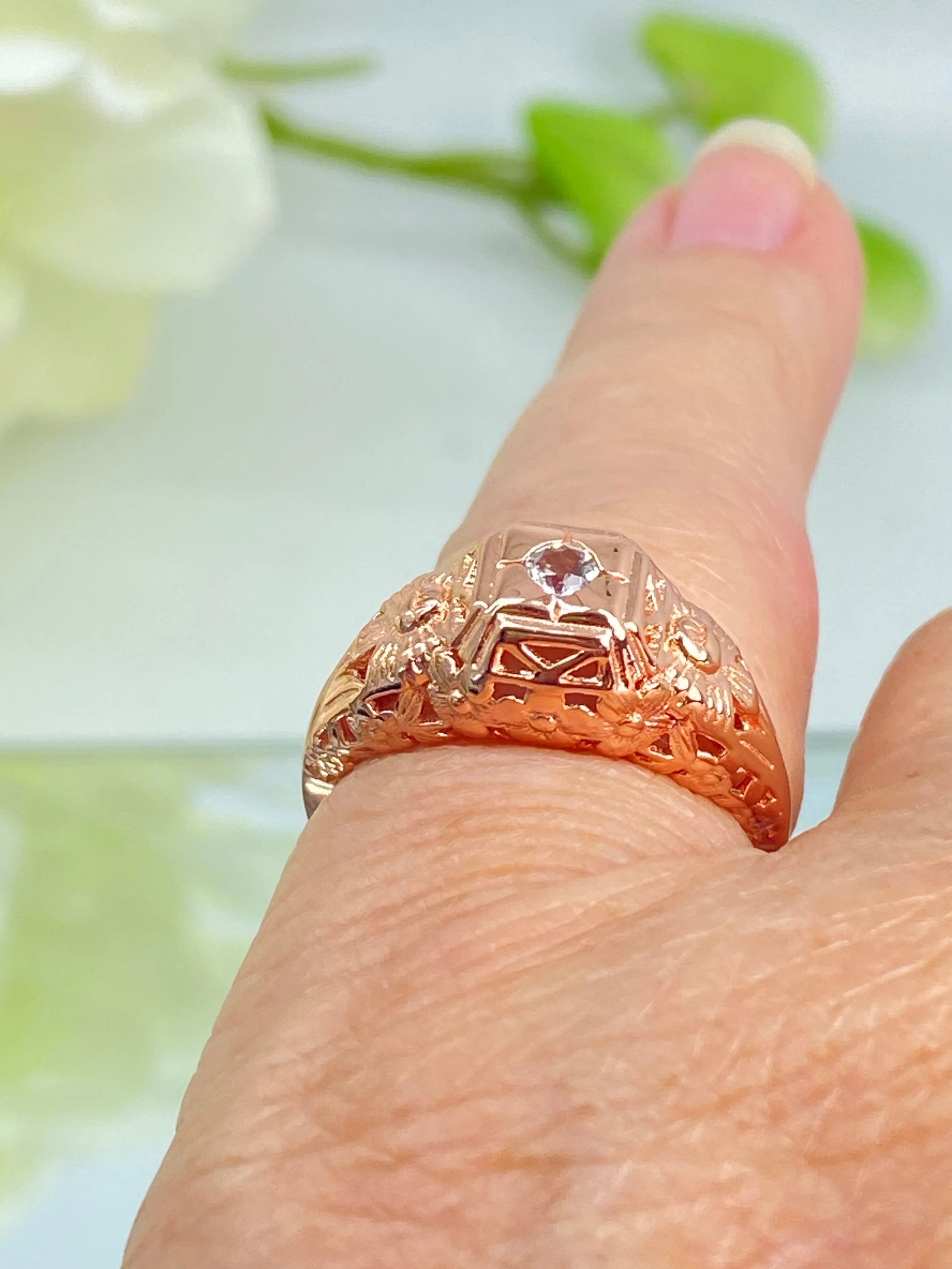Natural White Topaz Ring, Size 7 Rose Gold Art Deco Garden Wedding Ring #D157 - Ready to Ship