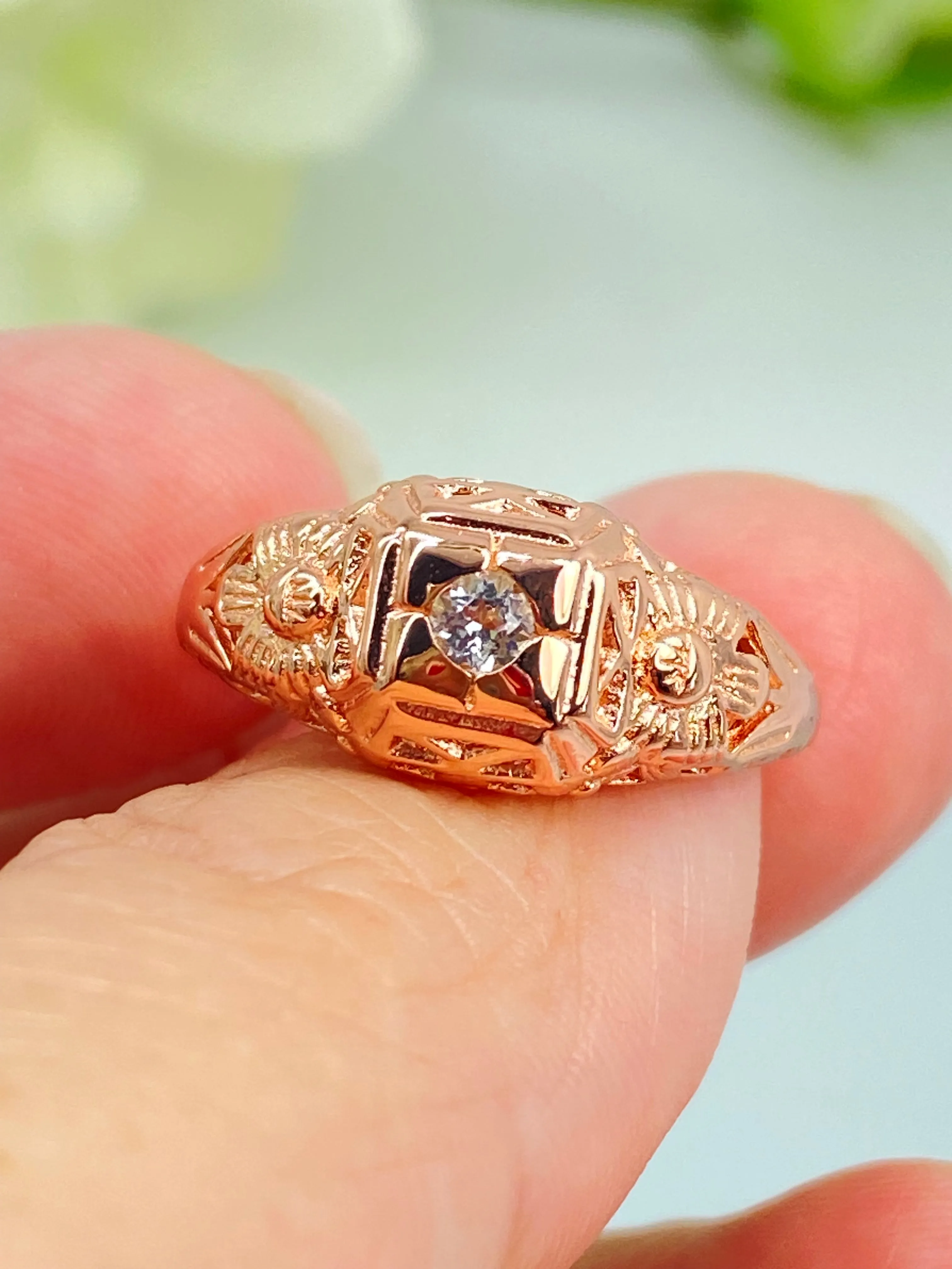 Natural White Topaz Ring, Size 7 Rose Gold Art Deco Garden Wedding Ring #D157 - Ready to Ship