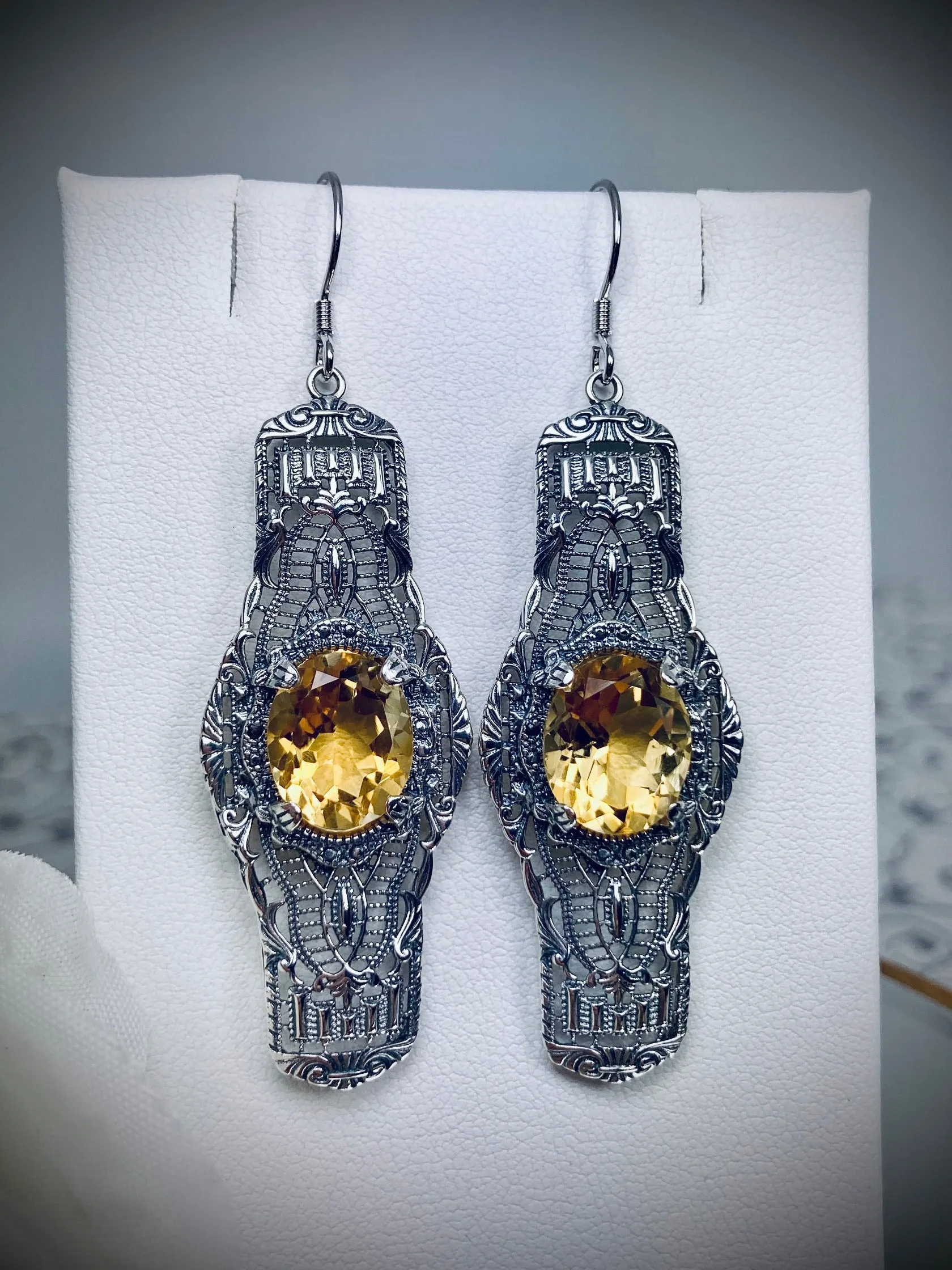 Natural Yellow Citrine Earrings, Oval Castle, Elegant Vintage Jewelry #E4