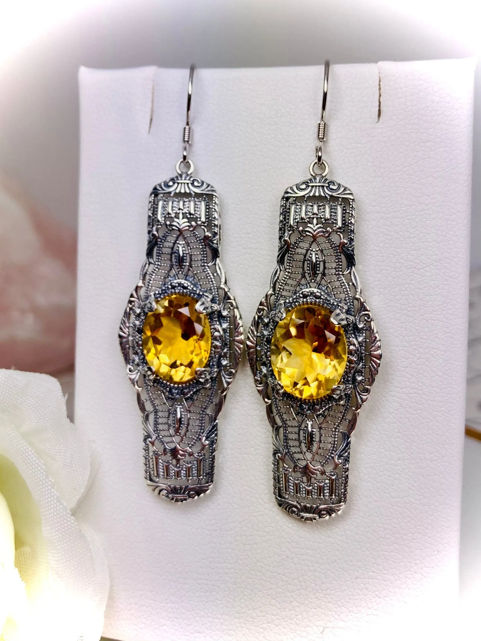 Natural Yellow Citrine Earrings, Oval Castle, Elegant Vintage Jewelry #E4