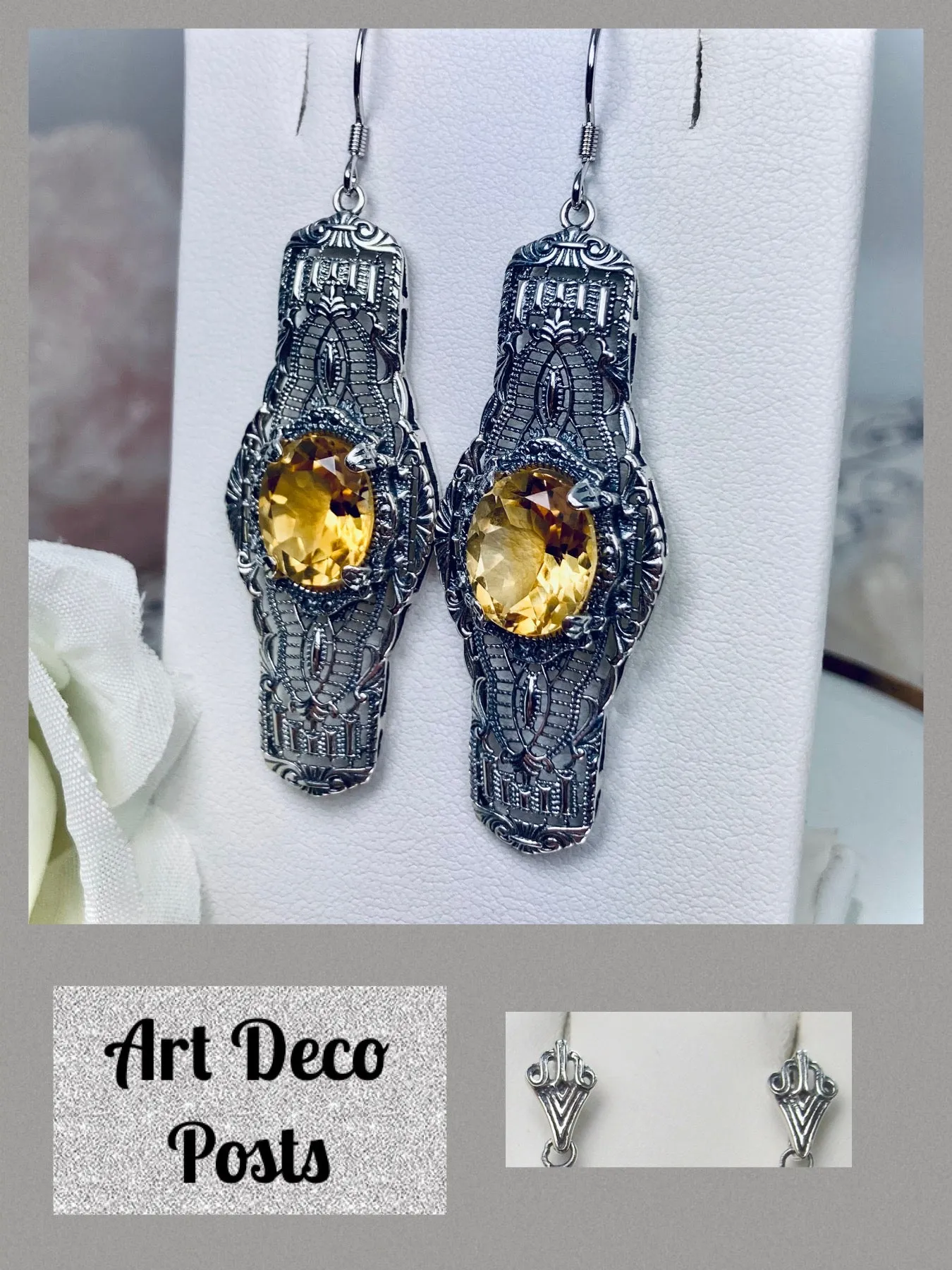 Natural Yellow Citrine Earrings, Oval Castle, Elegant Vintage Jewelry #E4