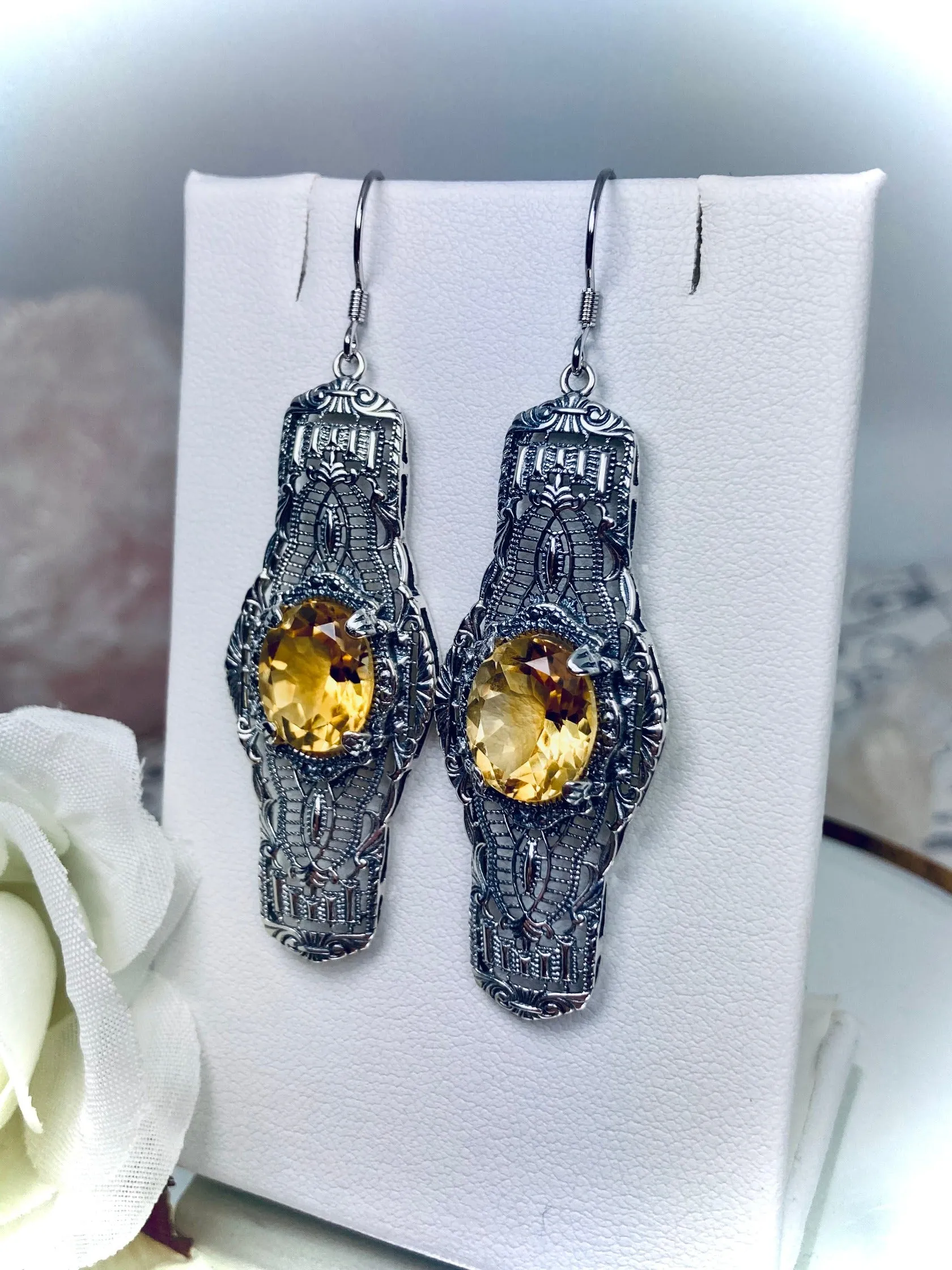 Natural Yellow Citrine Earrings, Oval Castle, Elegant Vintage Jewelry #E4