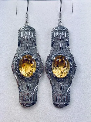 Natural Yellow Citrine Earrings, Oval Castle, Elegant Vintage Jewelry #E4