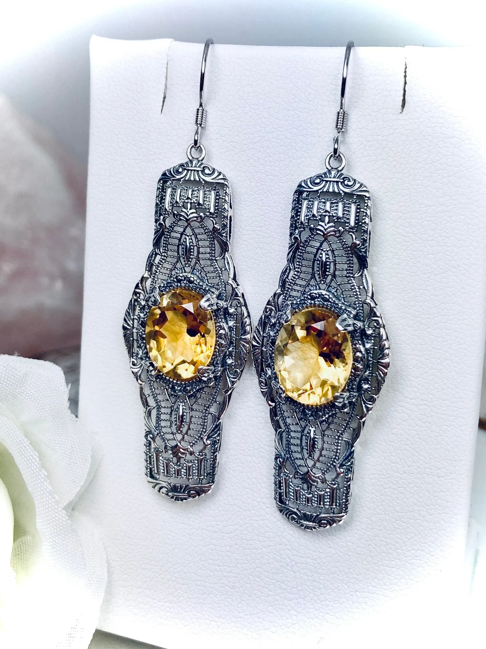 Natural Yellow Citrine Earrings, Oval Castle, Elegant Vintage Jewelry #E4