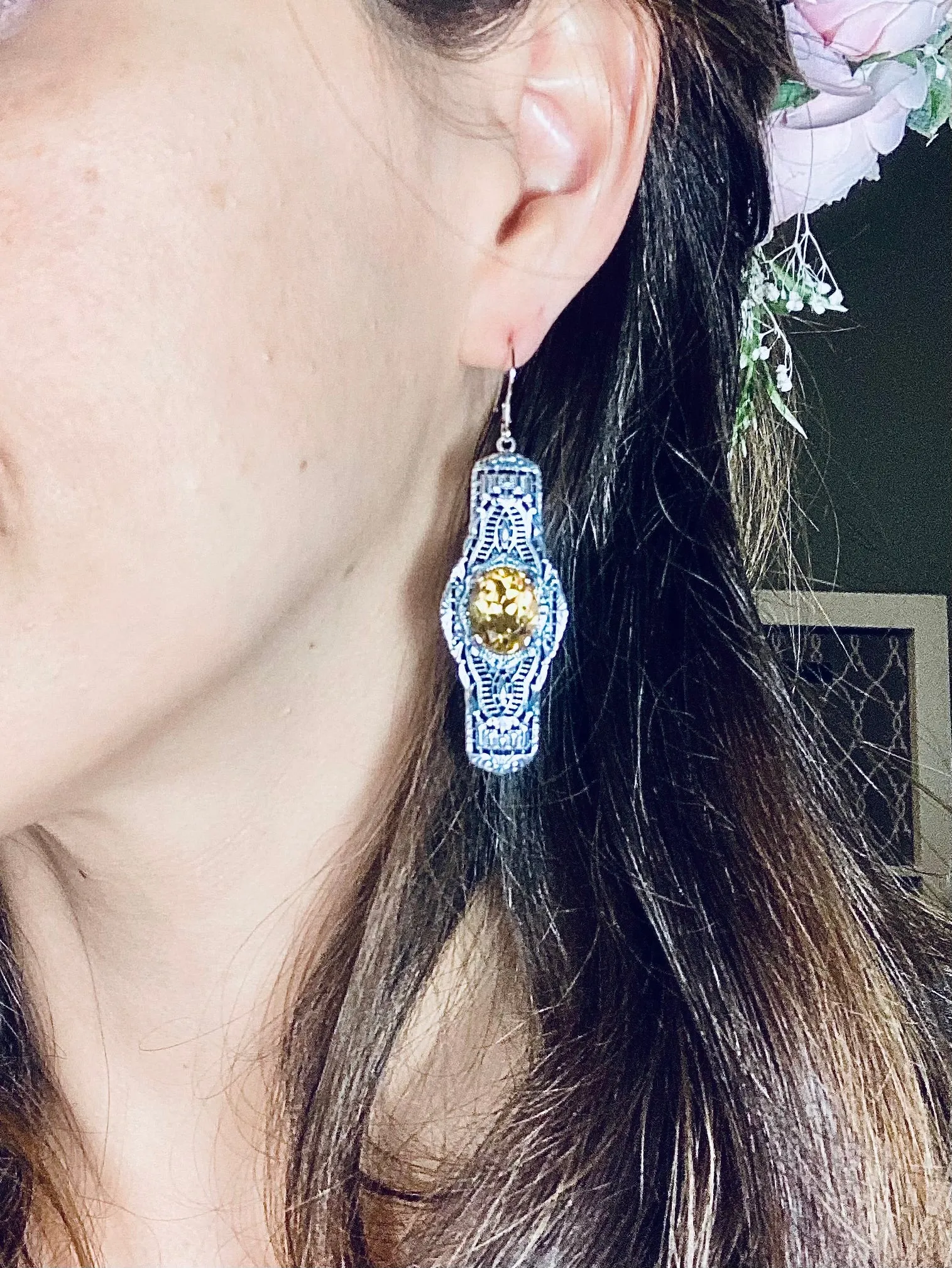 Natural Yellow Citrine Earrings, Oval Castle, Elegant Vintage Jewelry #E4