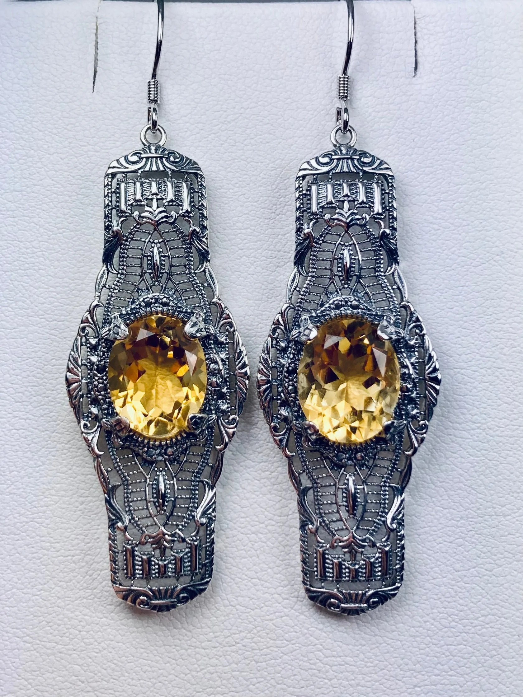Natural Yellow Citrine Earrings, Oval Castle, Elegant Vintage Jewelry #E4