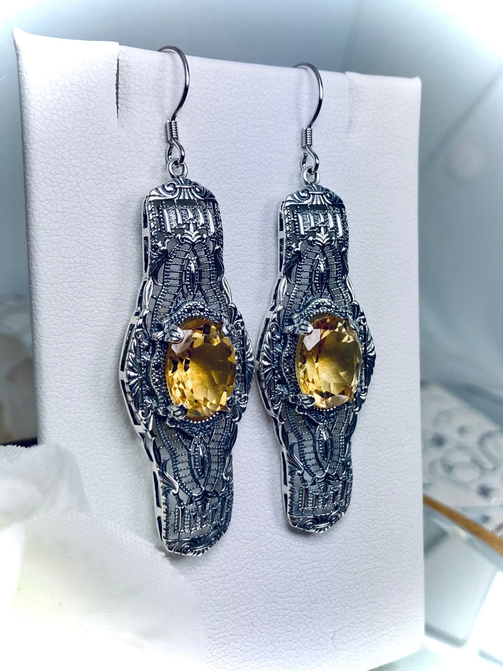 Natural Yellow Citrine Earrings, Oval Castle, Elegant Vintage Jewelry #E4