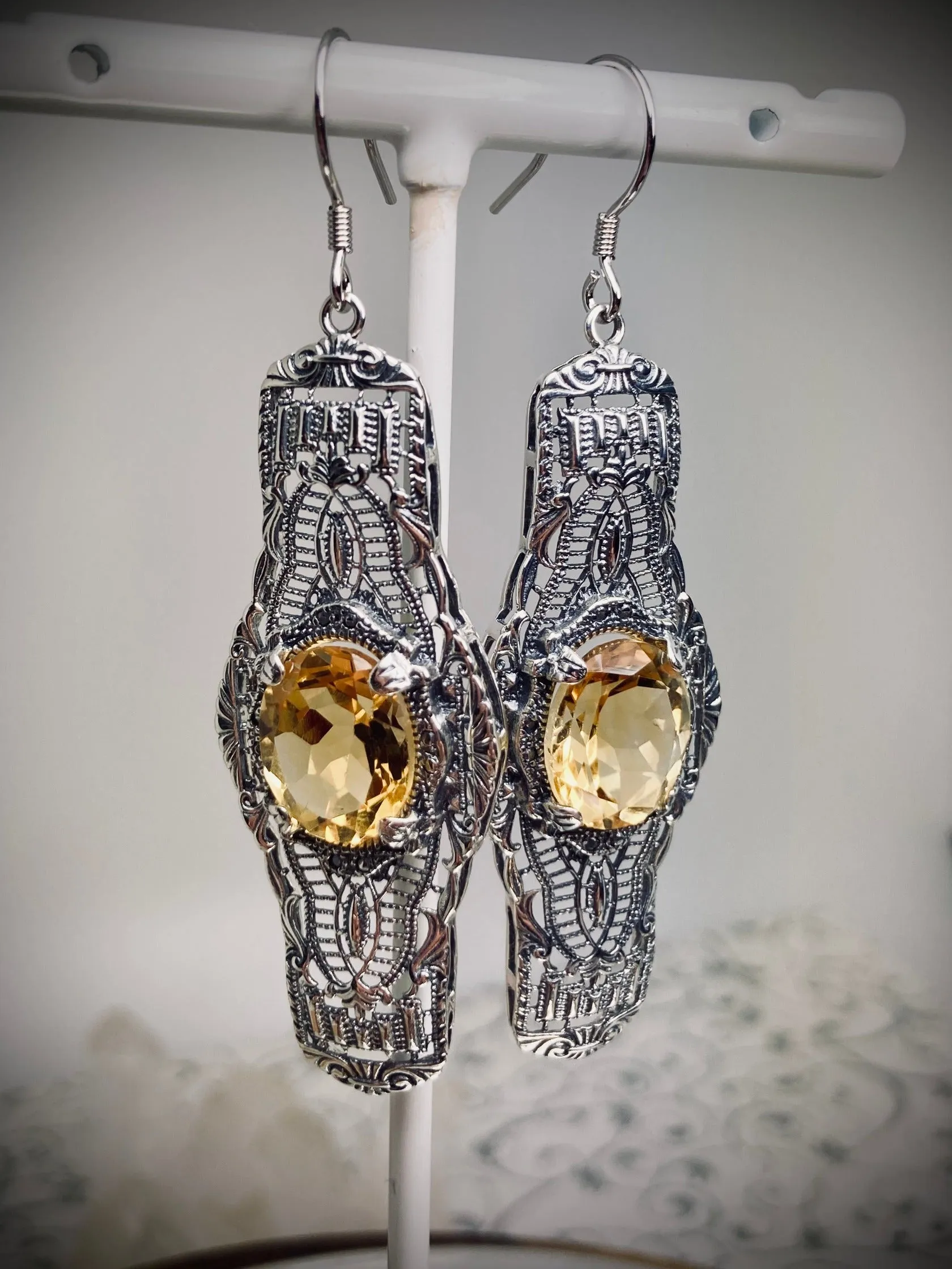 Natural Yellow Citrine Earrings, Oval Castle, Elegant Vintage Jewelry #E4