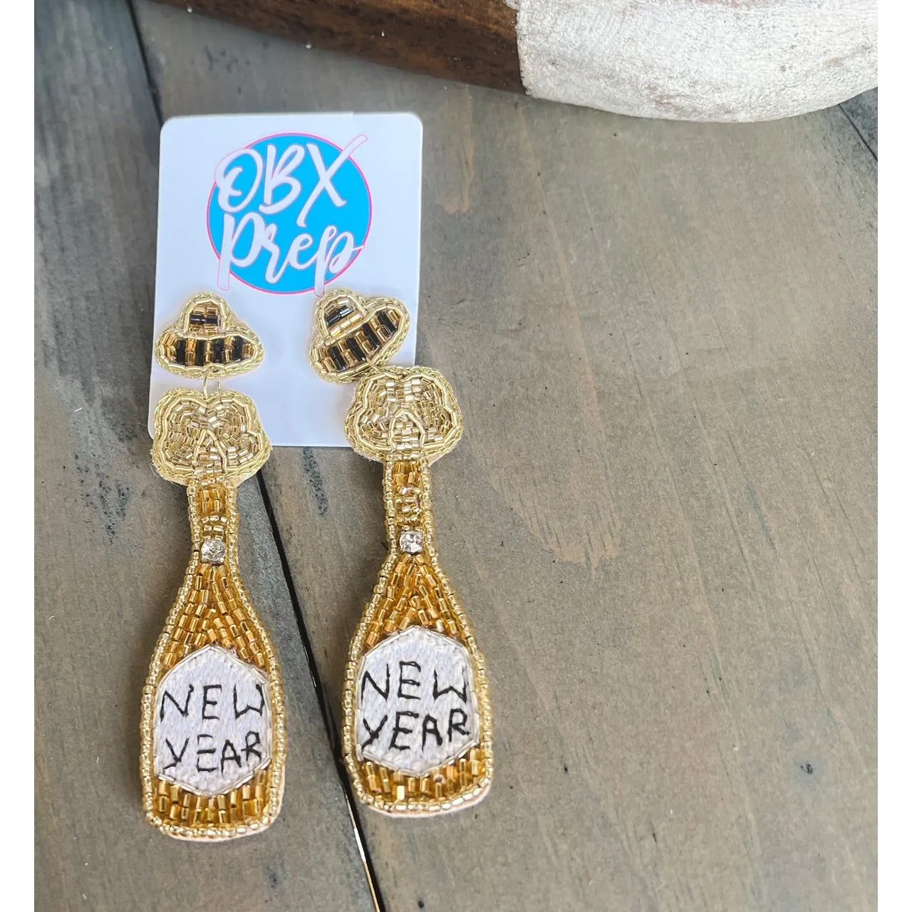 New Year Champagne Bottle Seed Beaded Earrings