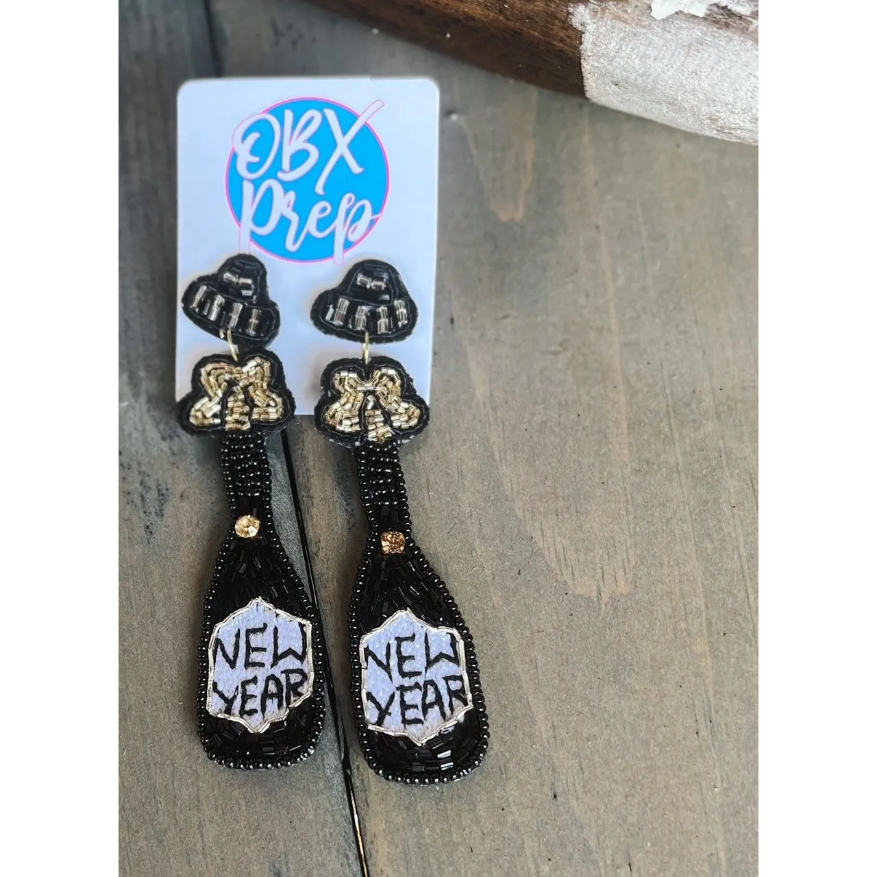 New Year Champagne Bottle Seed Beaded Earrings